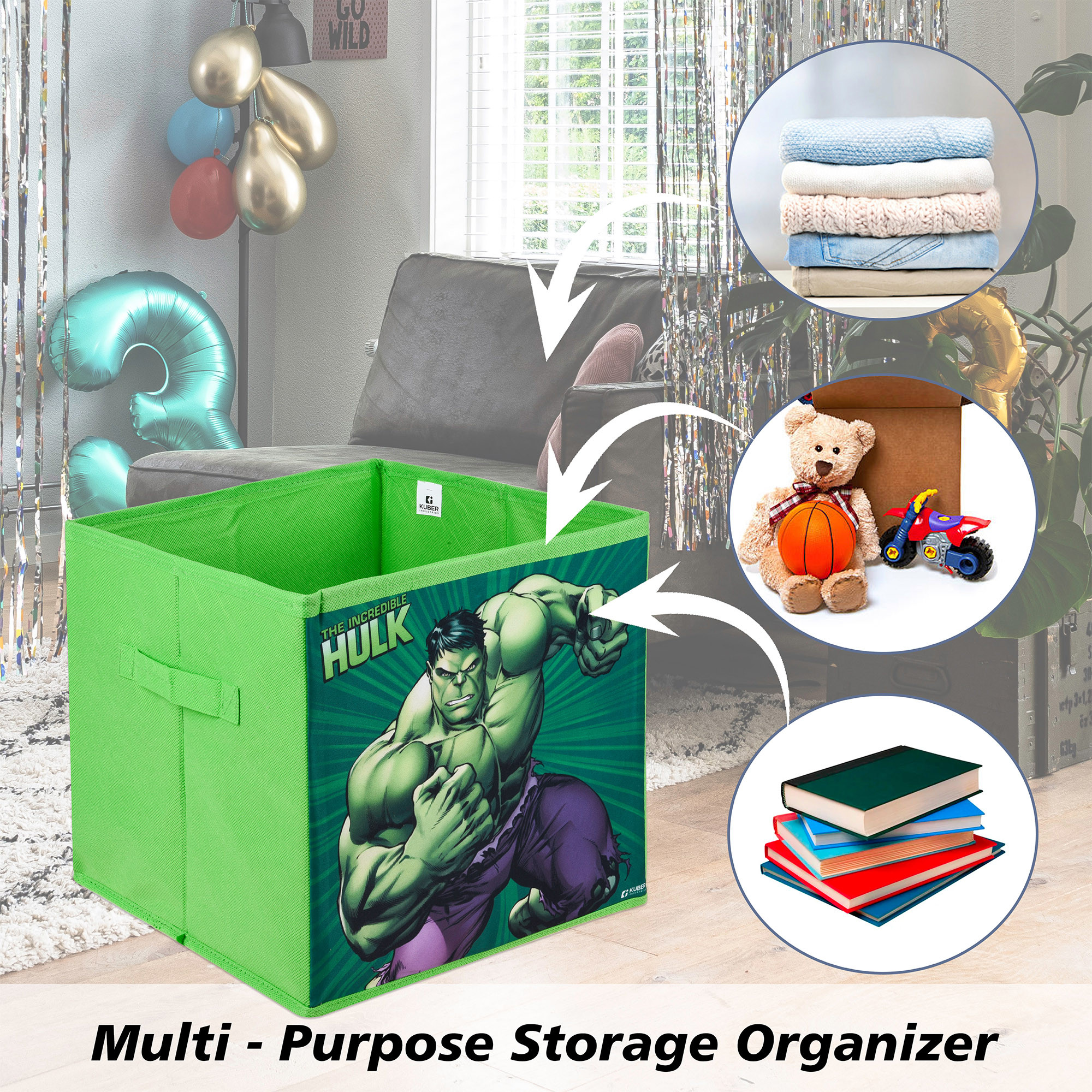 Kuber Industries Storage Box | Square Toy Storage Box | Wardrobe Organizer for Clothes-Books-Toys-Stationary | Drawer Organizer Box with Handle | Marvel Hulk | Green