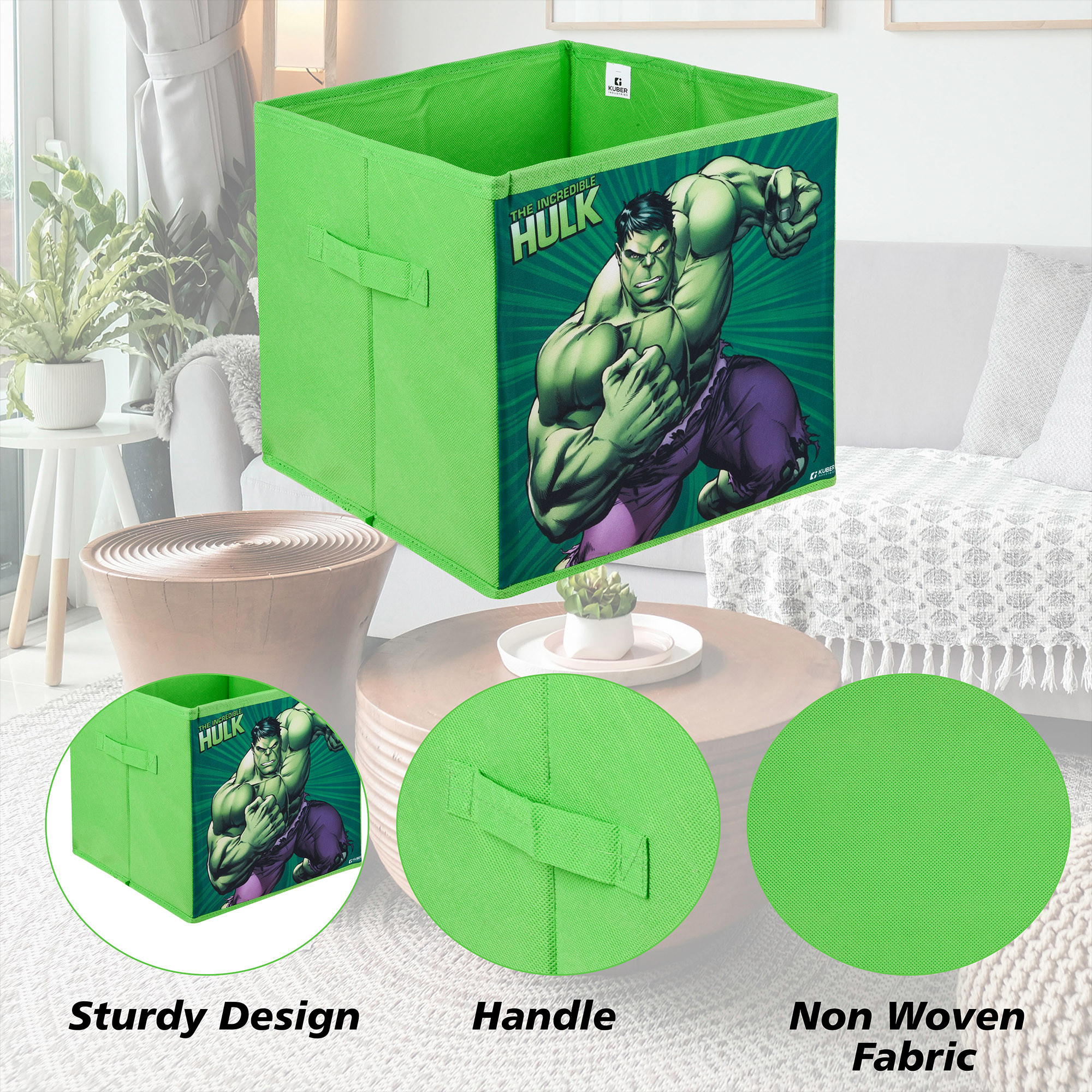 Kuber Industries Storage Box | Square Toy Storage Box | Wardrobe Organizer for Clothes-Books-Toys-Stationary | Drawer Organizer Box with Handle | Marvel Hulk | Green