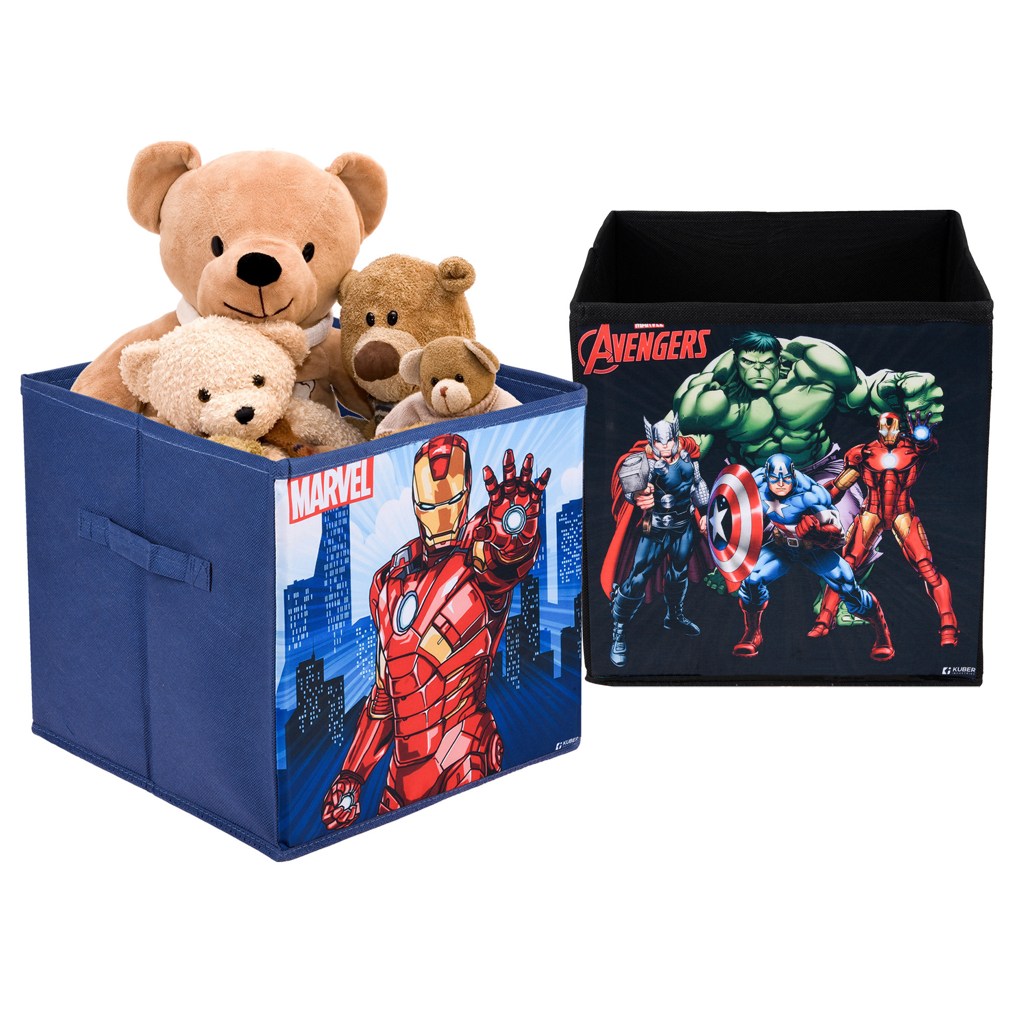 Kuber Industries Storage Box | Square Toy Storage Box | Wardrobe Organizer for Clothes-Books-Toys-Stationary | Drawer Organizer Box with Handle | Marvel-Print | Navy Blue & Black