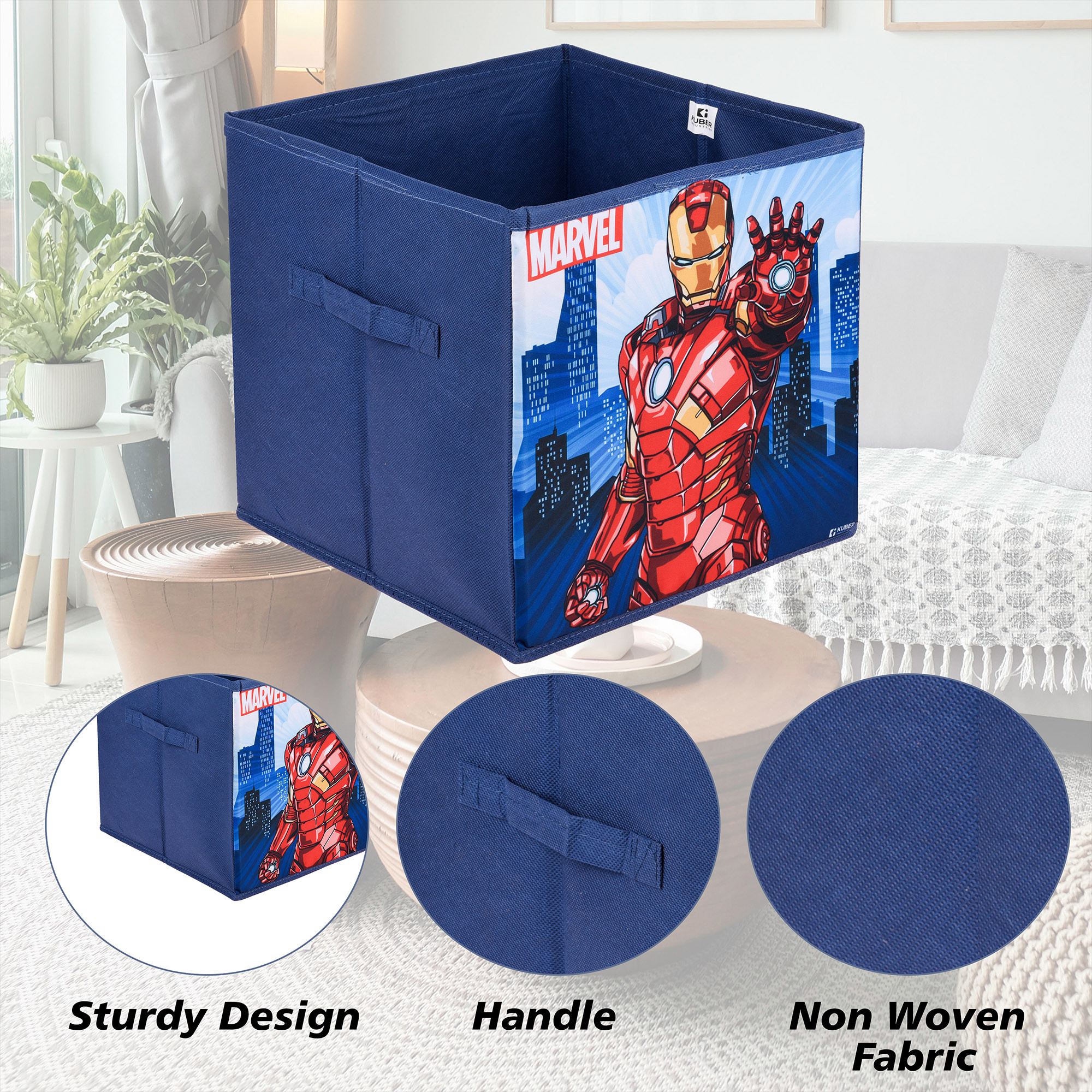 Kuber Industries Storage Box | Square Toy Storage Box | Wardrobe Organizer for Clothes-Books-Toys-Stationary | Drawer Organizer Box with Handle | Marvel-Print | Navy Blue & Black