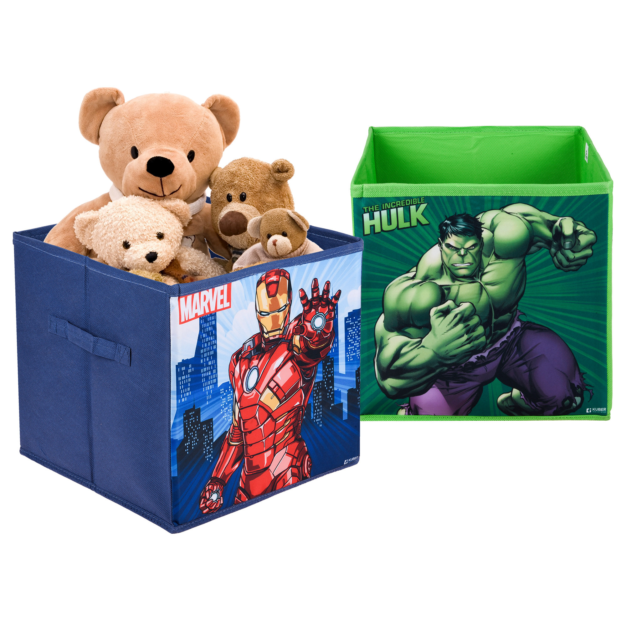 Kuber Industries Storage Box | Square Toy Storage Box | Wardrobe Organizer for Clothes-Books-Toys-Stationary | Drawer Organizer Box with Handle | Marvel-Print | Navy Blue & Green