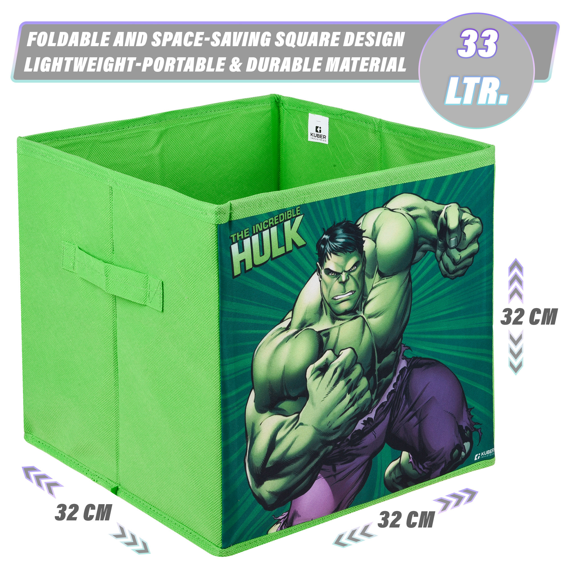 Kuber Industries Storage Box | Square Toy Storage Box | Wardrobe Organizer for Clothes-Books-Toys-Stationary | Drawer Organizer Box with Handle | Marvel-Print | Navy Blue & Green