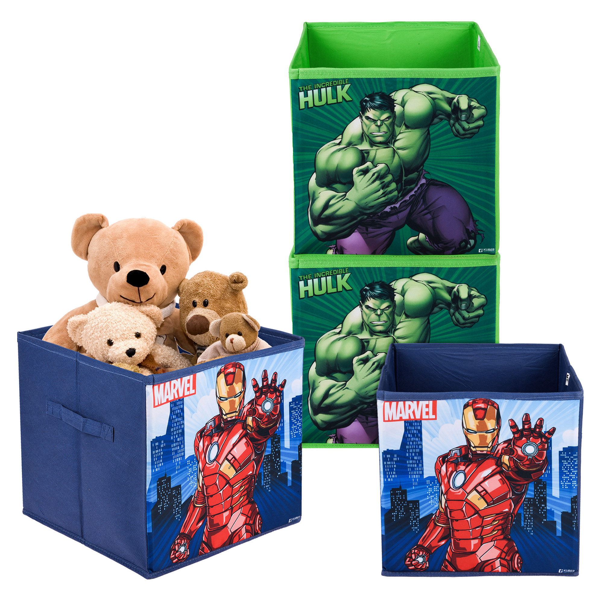 Kuber Industries Storage Box | Square Toy Storage Box | Wardrobe Organizer for Clothes-Books-Toys-Stationary | Drawer Organizer Box with Handle | Marvel-Print | Navy Blue & Green