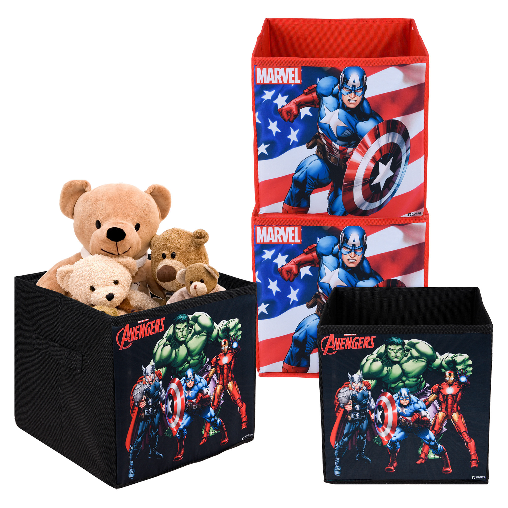 Kuber Industries Storage Box | Square Toy Storage Box | Wardrobe Organizer for Clothes-Books-Toys-Stationary | Drawer Organizer Box with Handle | Marvel-Print | Black & Red