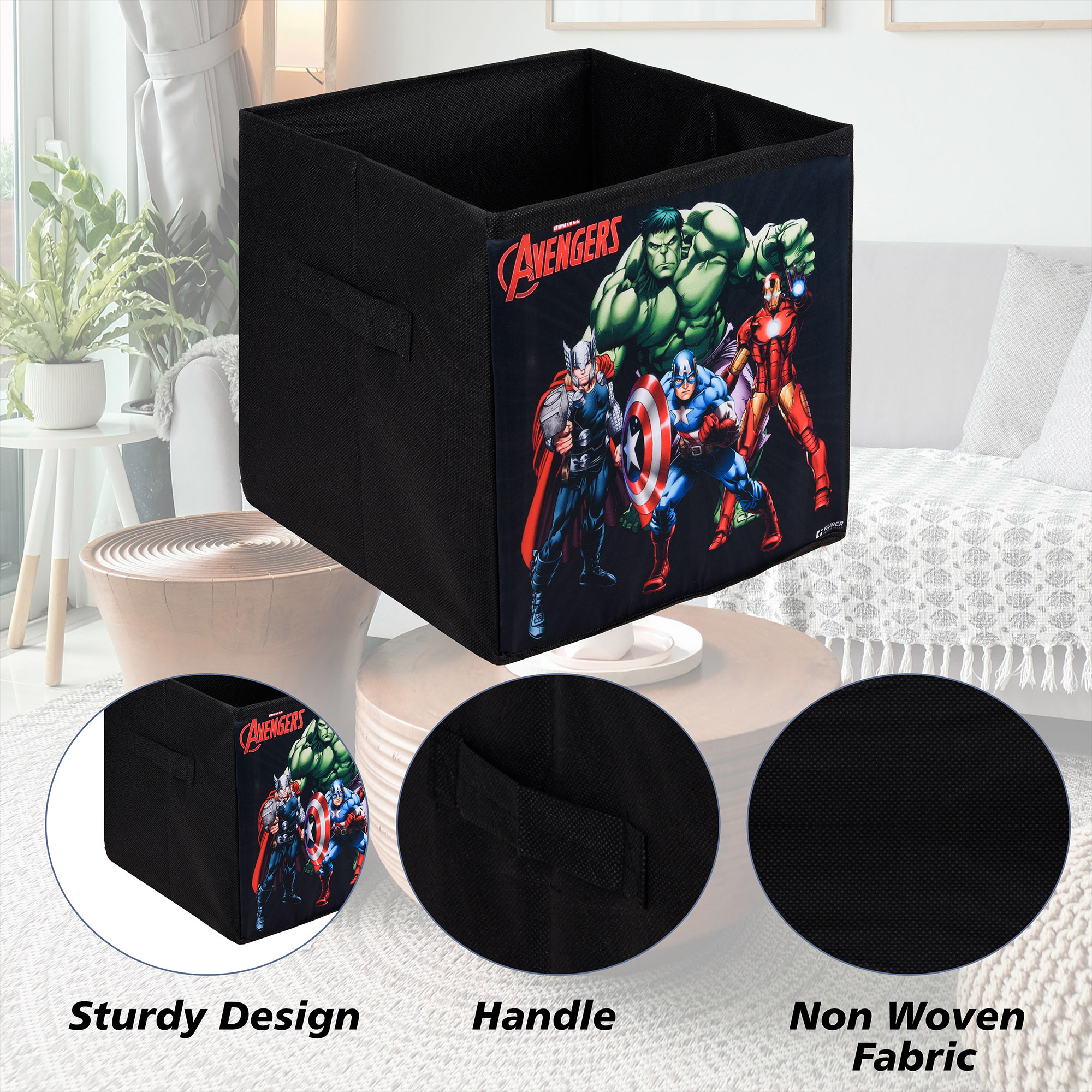 Kuber Industries Storage Box | Square Toy Storage Box | Wardrobe Organizer for Clothes-Books-Toys-Stationary | Drawer Organizer Box with Handle | Marvel-Print | Black & Navy Blue