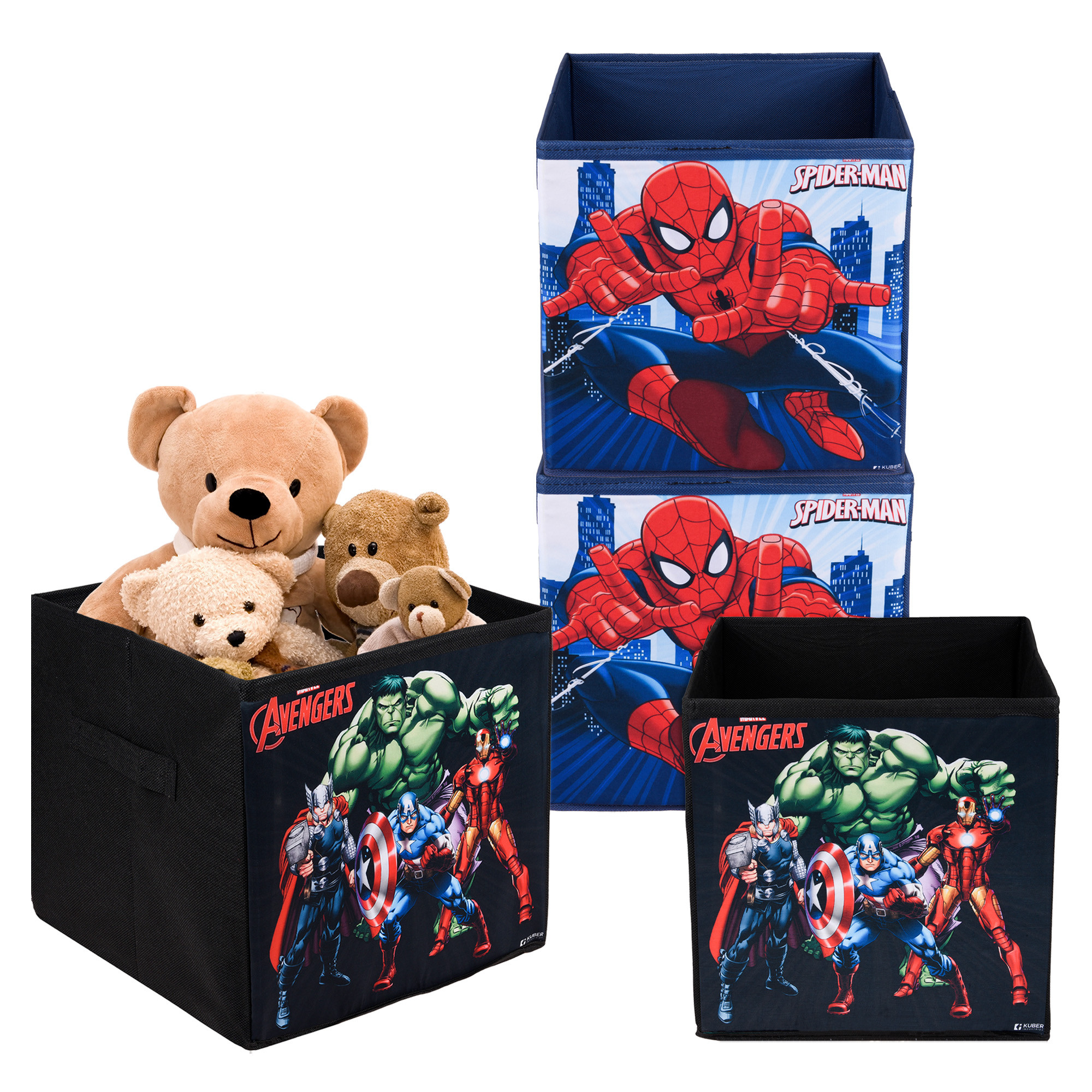 Kuber Industries Storage Box | Square Toy Storage Box | Wardrobe Organizer for Clothes-Books-Toys-Stationary | Drawer Organizer Box with Handle | Marvel-Print | Black & Navy Blue