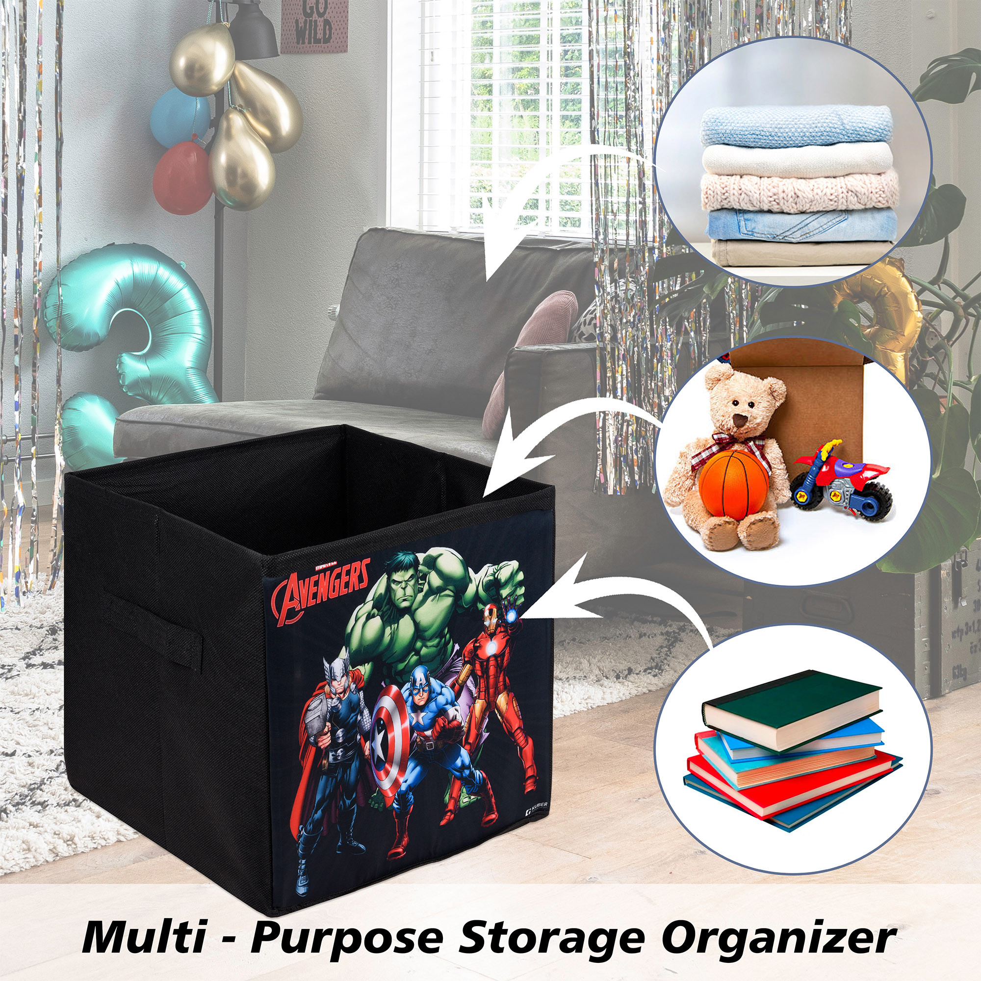 Kuber Industries Storage Box | Square Toy Storage Box | Wardrobe Organizer for Clothes-Books-Toys-Stationary | Drawer Organizer Box with Handle | Marvel-Print | Black & Green
