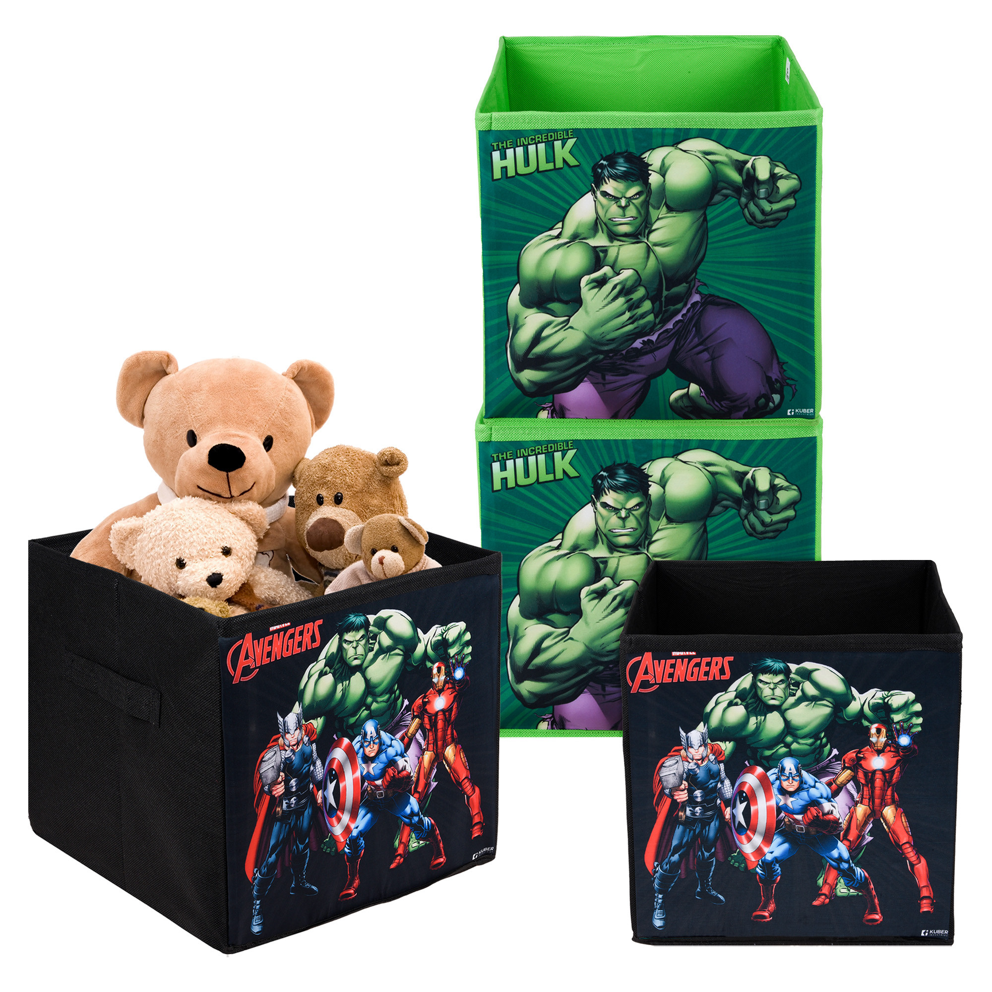 Kuber Industries Storage Box | Square Toy Storage Box | Wardrobe Organizer for Clothes-Books-Toys-Stationary | Drawer Organizer Box with Handle | Marvel-Print | Black & Green