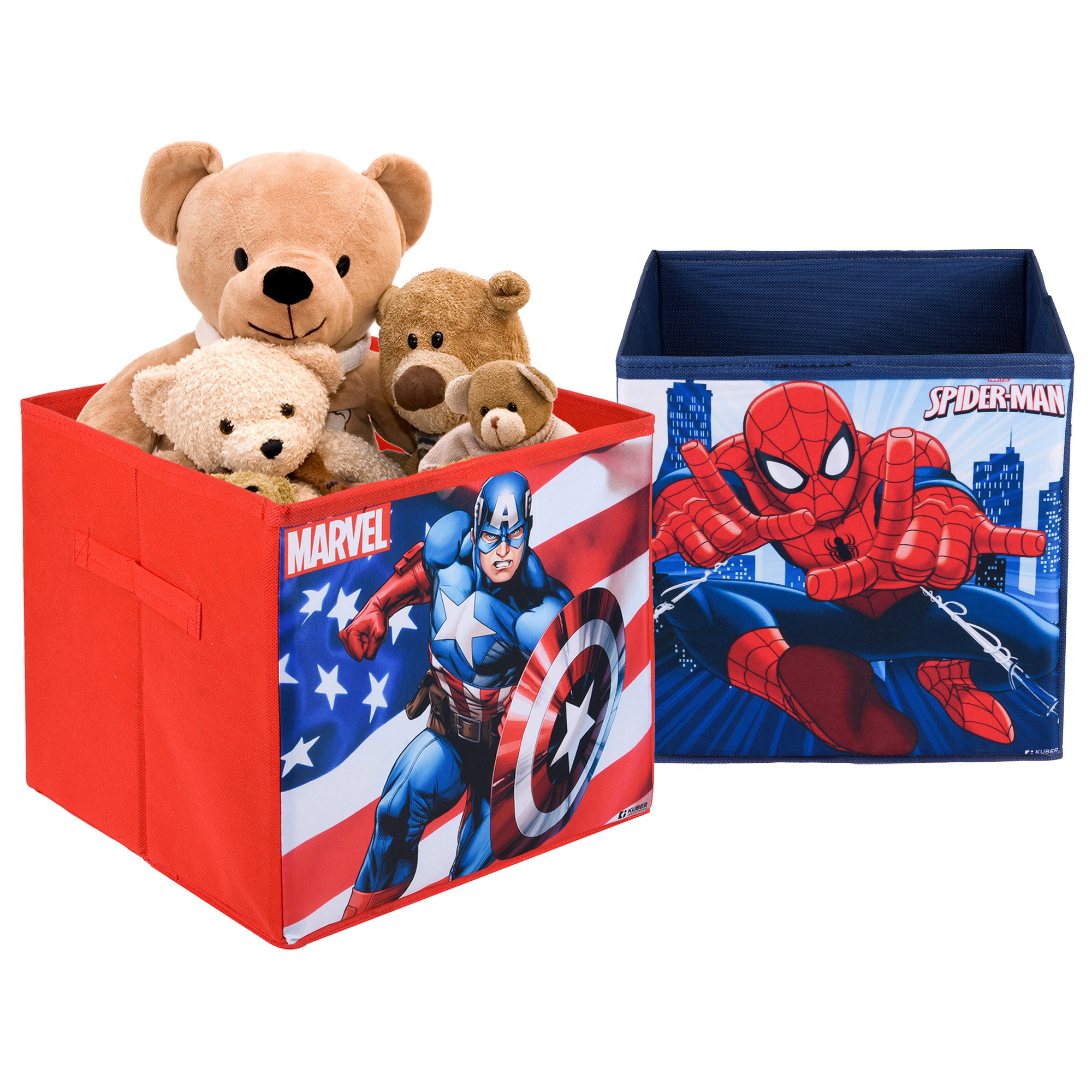 Kuber Industries Storage Box | Square Toy Storage Box | Wardrobe Organizer for Clothes-Books-Toys-Stationary | Drawer Organizer Box with Handle | Marvel-Print | Red & Navy Blue