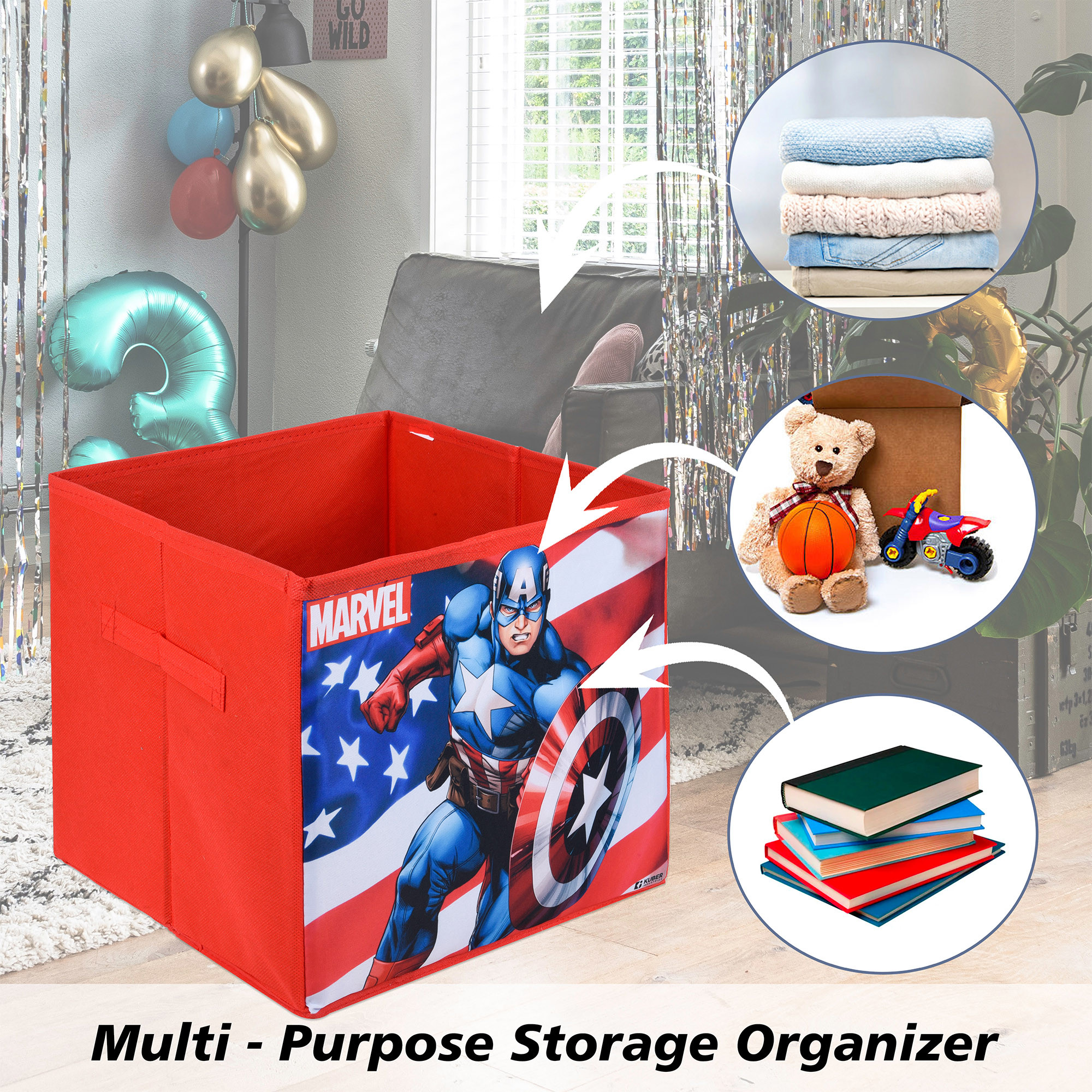 Kuber Industries Storage Box | Square Toy Storage Box | Wardrobe Organizer for Clothes-Books-Toys-Stationary | Drawer Organizer Box with Handle | Marvel-Print | Red & Navy Blue
