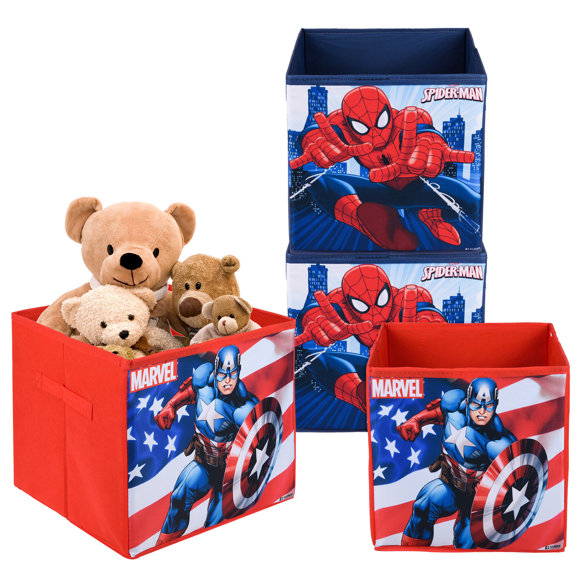 Kuber Industries Storage Box | Square Toy Storage Box | Wardrobe Organizer for Clothes-Books-Toys-Stationary | Drawer Organizer Box with Handle | Marvel-Print | Red & Navy Blue