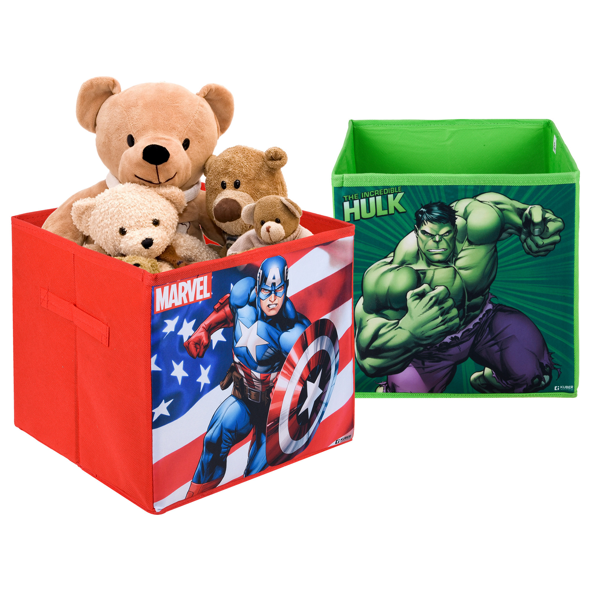 Kuber Industries Storage Box | Square Toy Storage Box | Wardrobe Organizer for Clothes-Books-Toys-Stationary | Drawer Organizer Box with Handle | Marvel-Print | Red & Green