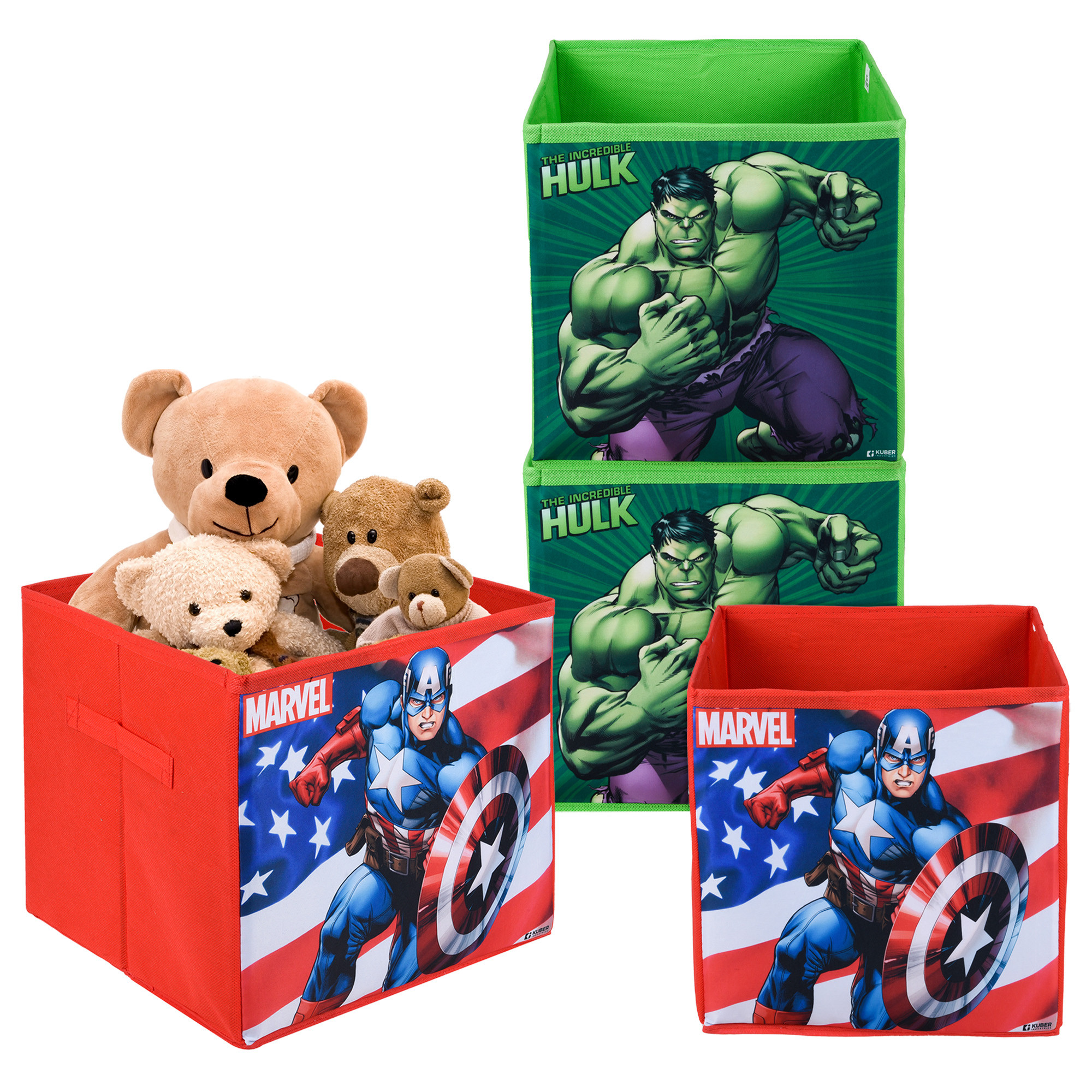 Kuber Industries Storage Box | Square Toy Storage Box | Wardrobe Organizer for Clothes-Books-Toys-Stationary | Drawer Organizer Box with Handle | Marvel-Print | Red & Green