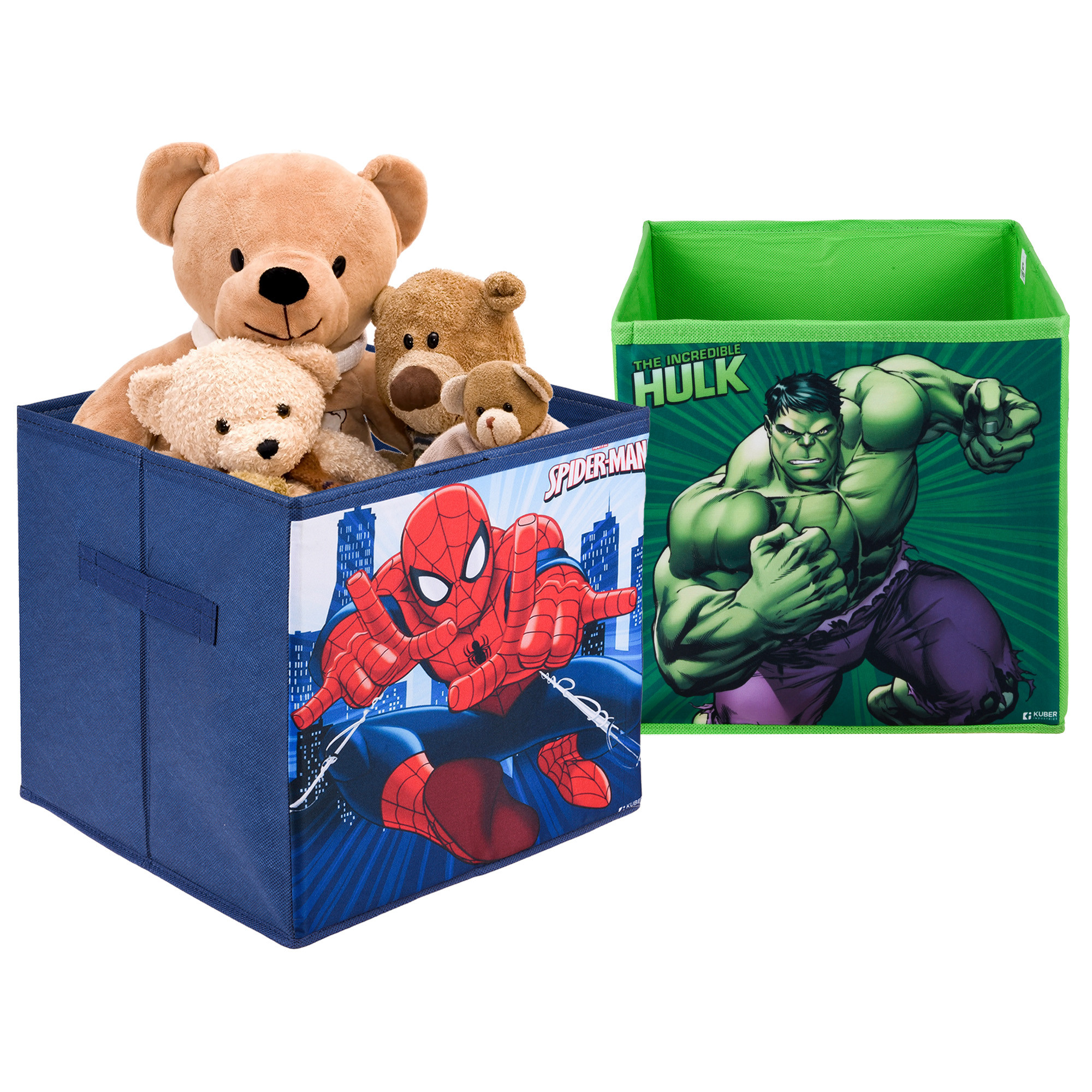 Kuber Industries Storage Box | Square Toy Storage Box | Wardrobe Organizer for Clothes-Books-Toys-Stationary | Drawer Organizer Box with Handle | Marvel-Print | Navy Blue & Green
