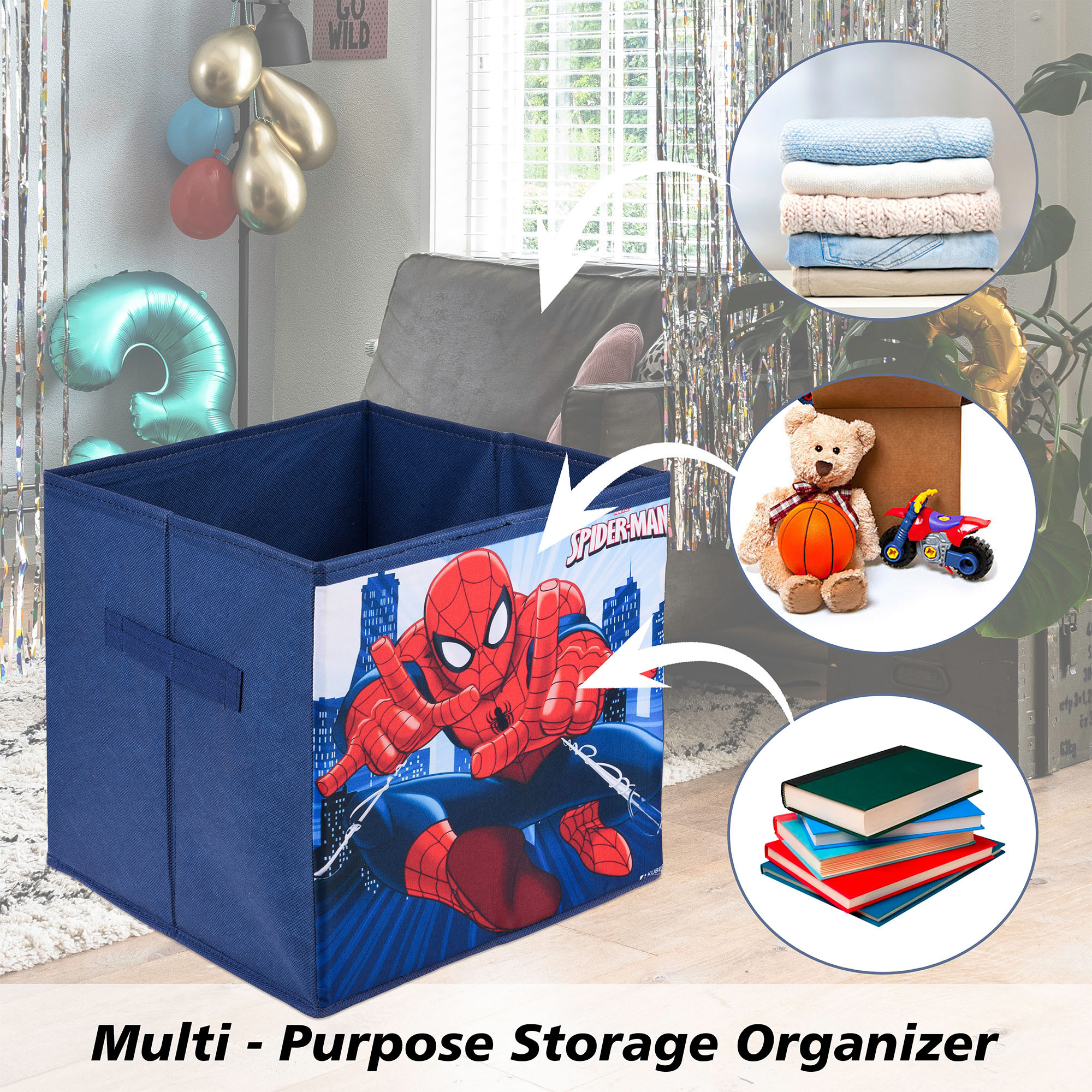 Kuber Industries Storage Box | Square Toy Storage Box | Wardrobe Organizer for Clothes-Books-Toys-Stationary | Drawer Organizer Box with Handle | Marvel-Print | Navy Blue & Green