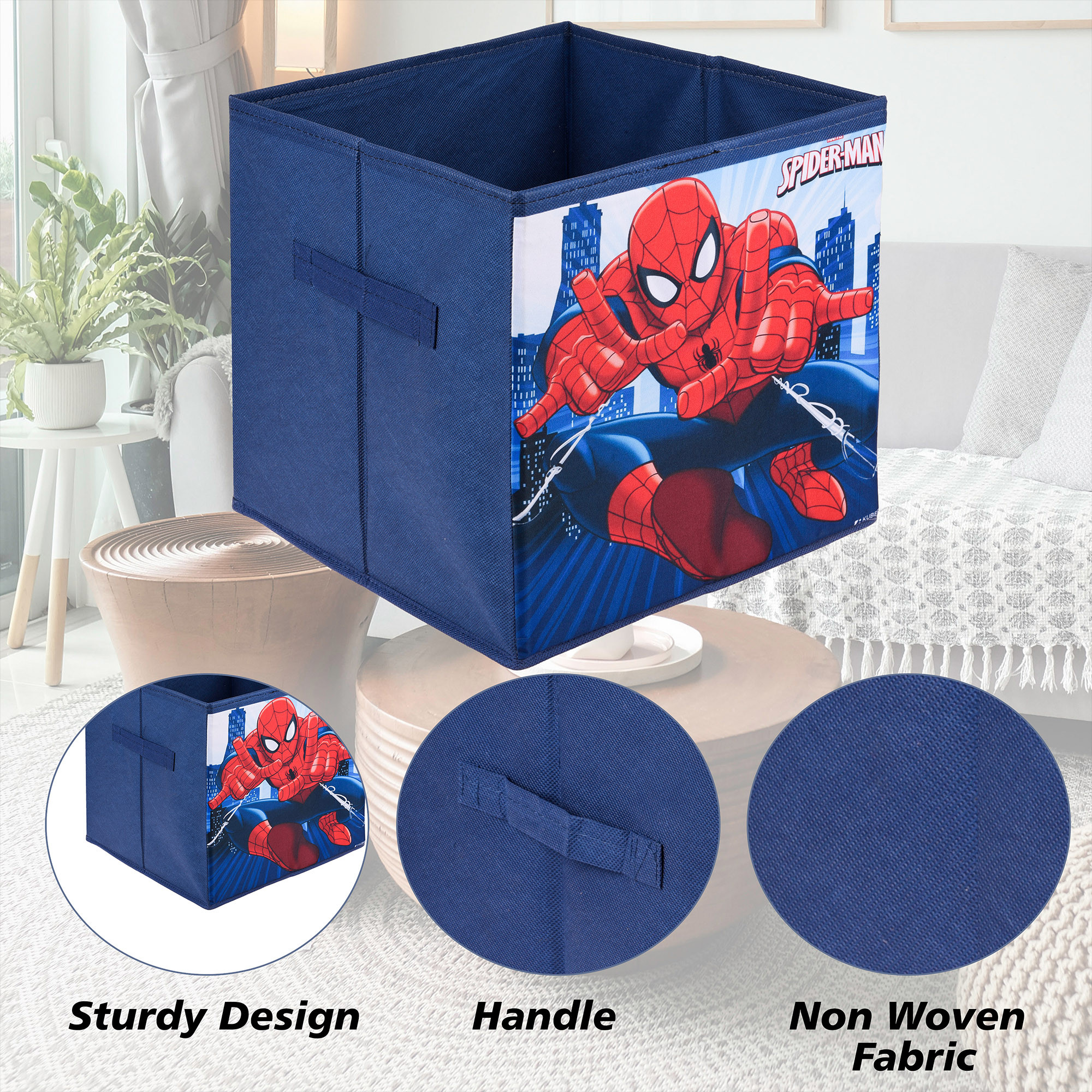 Kuber Industries Storage Box | Square Toy Storage Box | Wardrobe Organizer for Clothes-Books-Toys-Stationary | Drawer Organizer Box with Handle | Marvel-Print | Navy Blue & Green