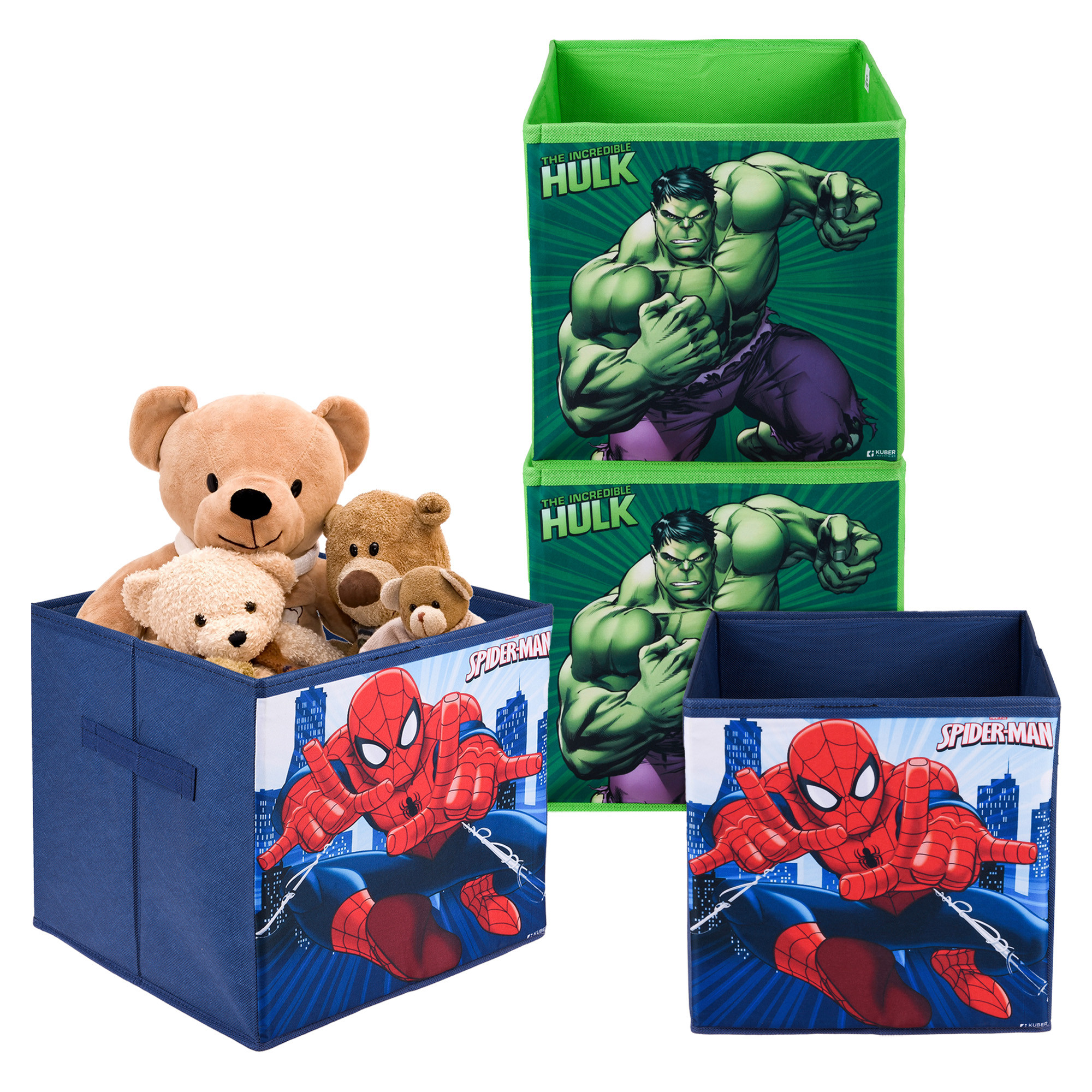 Kuber Industries Storage Box | Square Toy Storage Box | Wardrobe Organizer for Clothes-Books-Toys-Stationary | Drawer Organizer Box with Handle | Marvel-Print | Navy Blue & Green