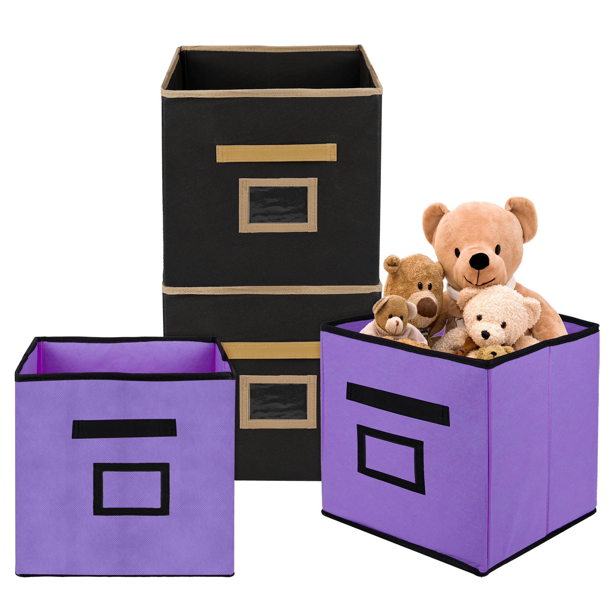 Kuber Industries Storage Box | Square Toy Storage Box | Wardrobe Organizer for Clothes-Books-Toys-Stationary | Drawer Organizer Box with Handle & Name Pocket | Purple & Black