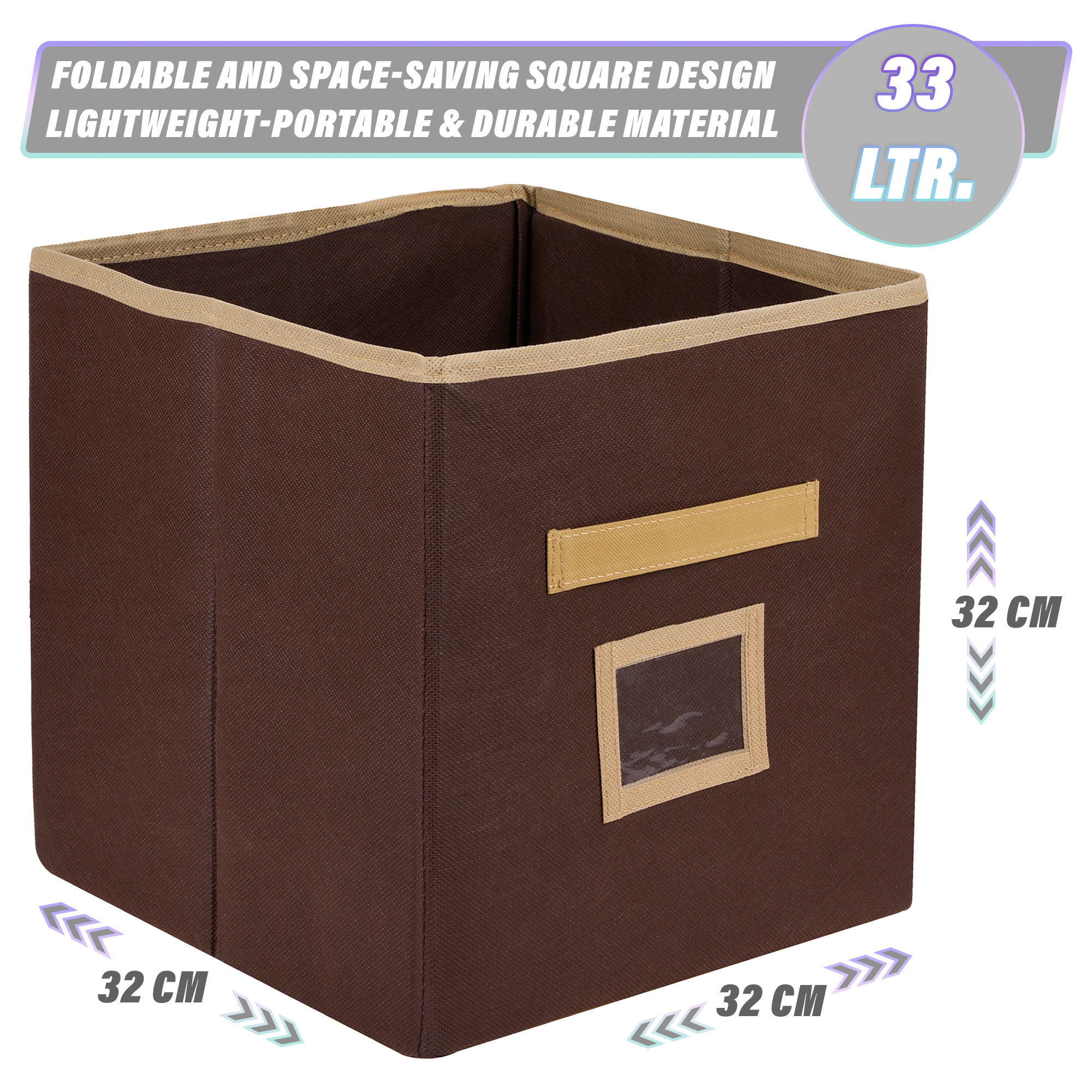 Kuber Industries Storage Box | Square Toy Storage Box | Wardrobe Organizer for Clothes-Books-Toys-Stationary | Drawer Organizer Box with Handle & Name Pocket | Purple & Brown