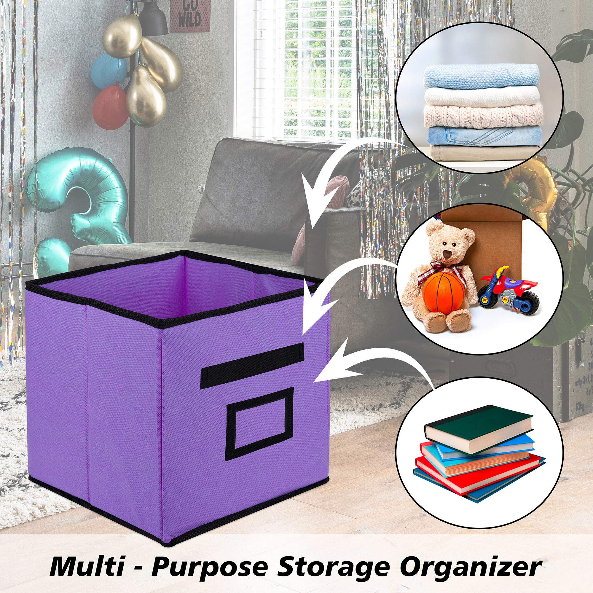 Kuber Industries Storage Box | Square Toy Storage Box | Wardrobe Organizer for Clothes-Books-Toys-Stationary | Drawer Organizer Box with Handle & Name Pocket | Purple & Brown