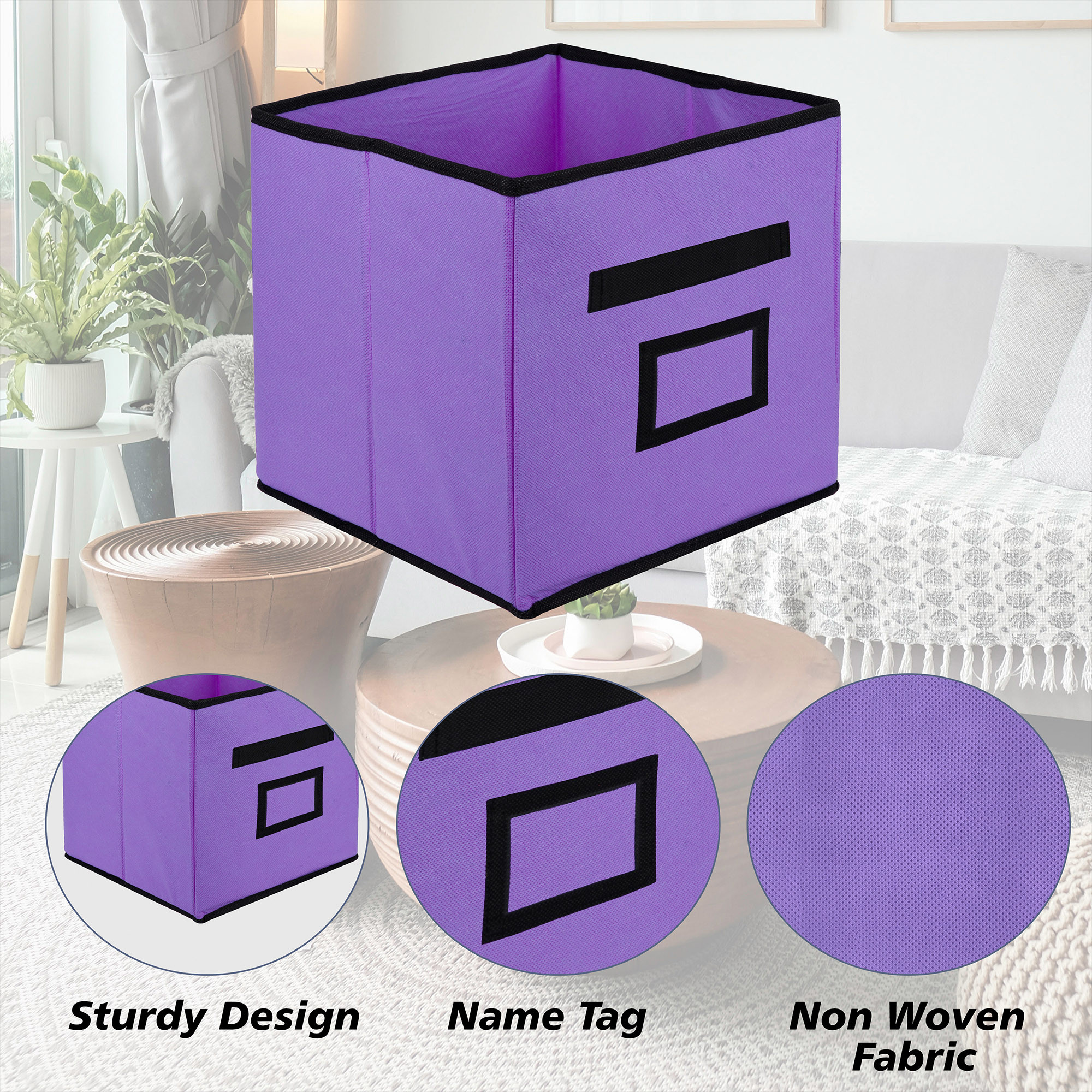 Kuber Industries Storage Box | Square Toy Storage Box | Wardrobe Organizer for Clothes-Books-Toys-Stationary | Drawer Organizer Box with Handle & Name Pocket | Purple & Brown