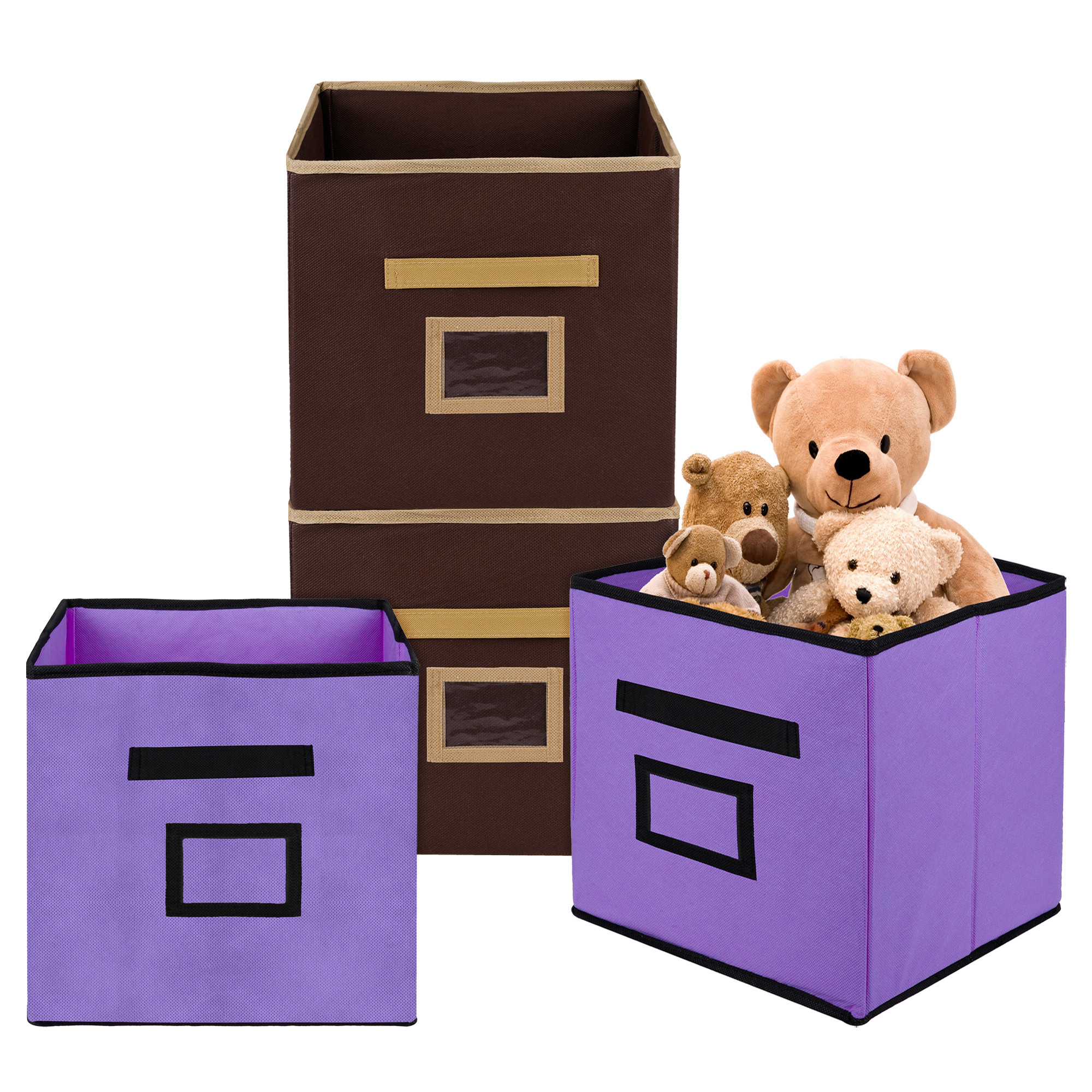 Kuber Industries Storage Box | Square Toy Storage Box | Wardrobe Organizer for Clothes-Books-Toys-Stationary | Drawer Organizer Box with Handle & Name Pocket | Purple & Brown