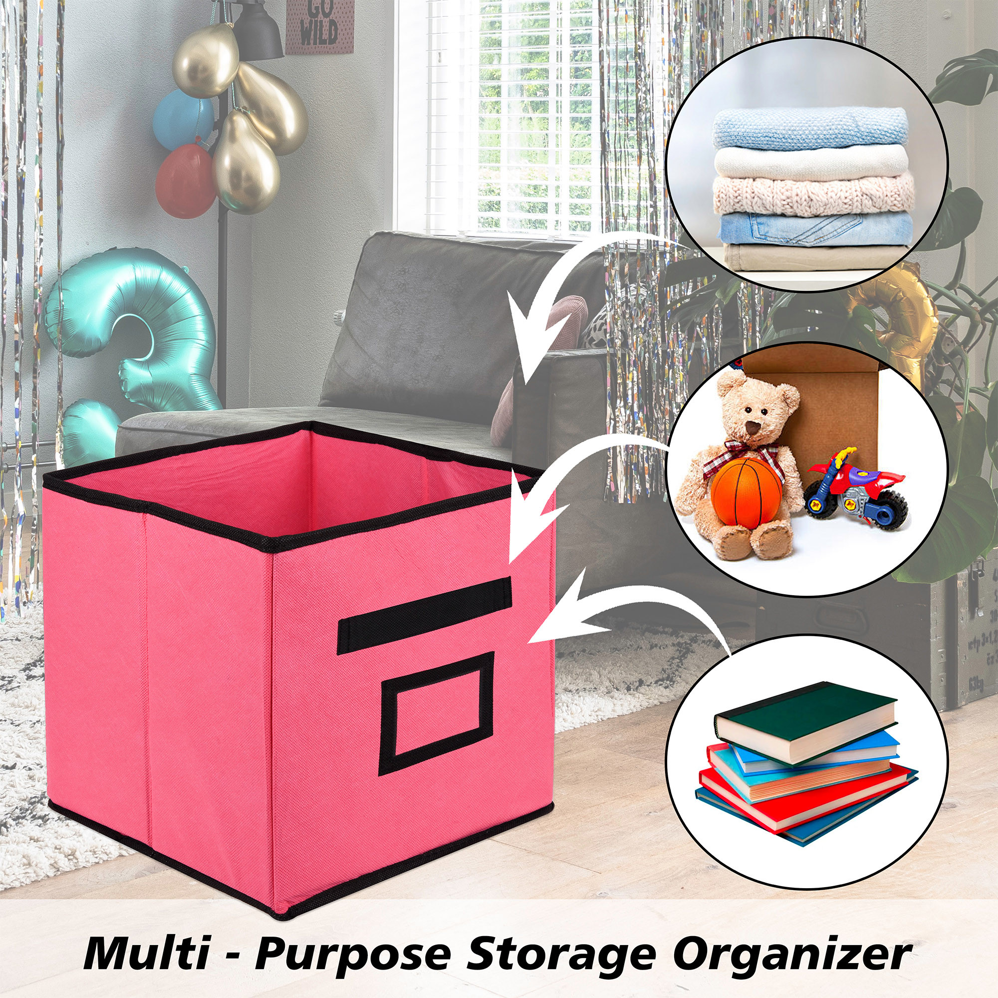 Kuber Industries Storage Box | Square Toy Storage Box | Wardrobe Organizer for Clothes-Books-Toys-Stationary | Drawer Organizer Box with Handle & Name Pocket | Pink & Black