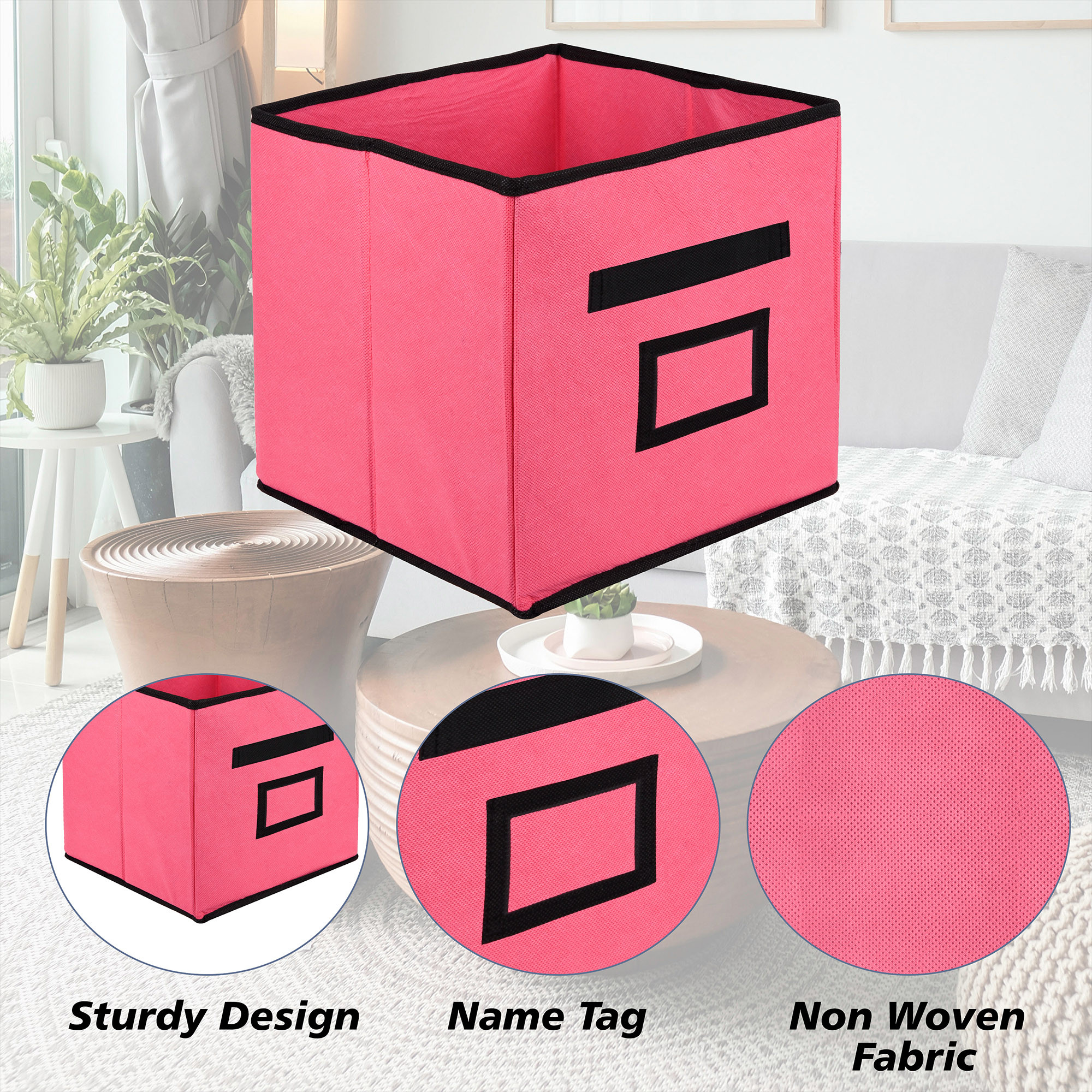 Kuber Industries Storage Box | Square Toy Storage Box | Wardrobe Organizer for Clothes-Books-Toys-Stationary | Drawer Organizer Box with Handle & Name Pocket | Pink & Black