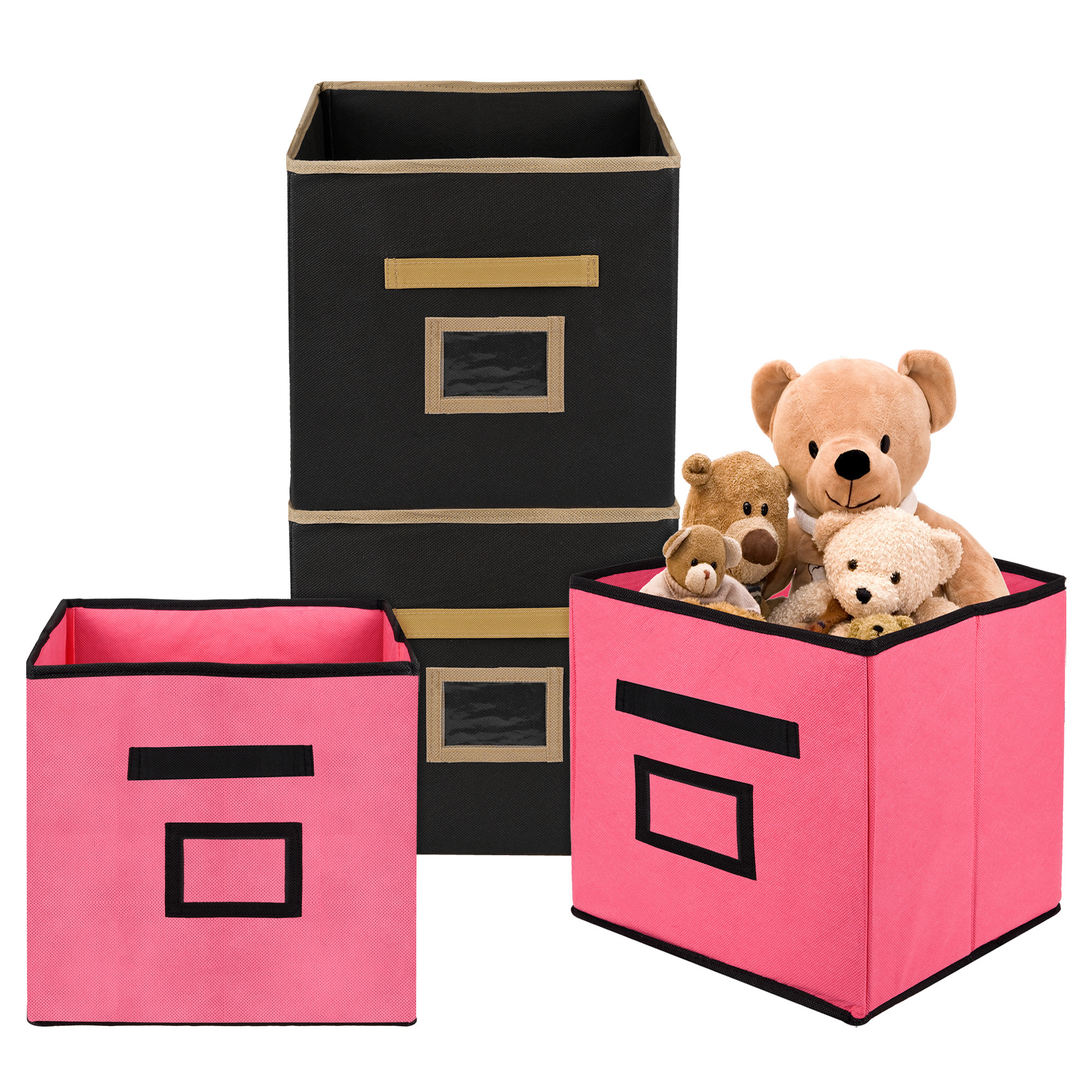 Kuber Industries Storage Box | Square Toy Storage Box | Wardrobe Organizer for Clothes-Books-Toys-Stationary | Drawer Organizer Box with Handle & Name Pocket | Pink & Black