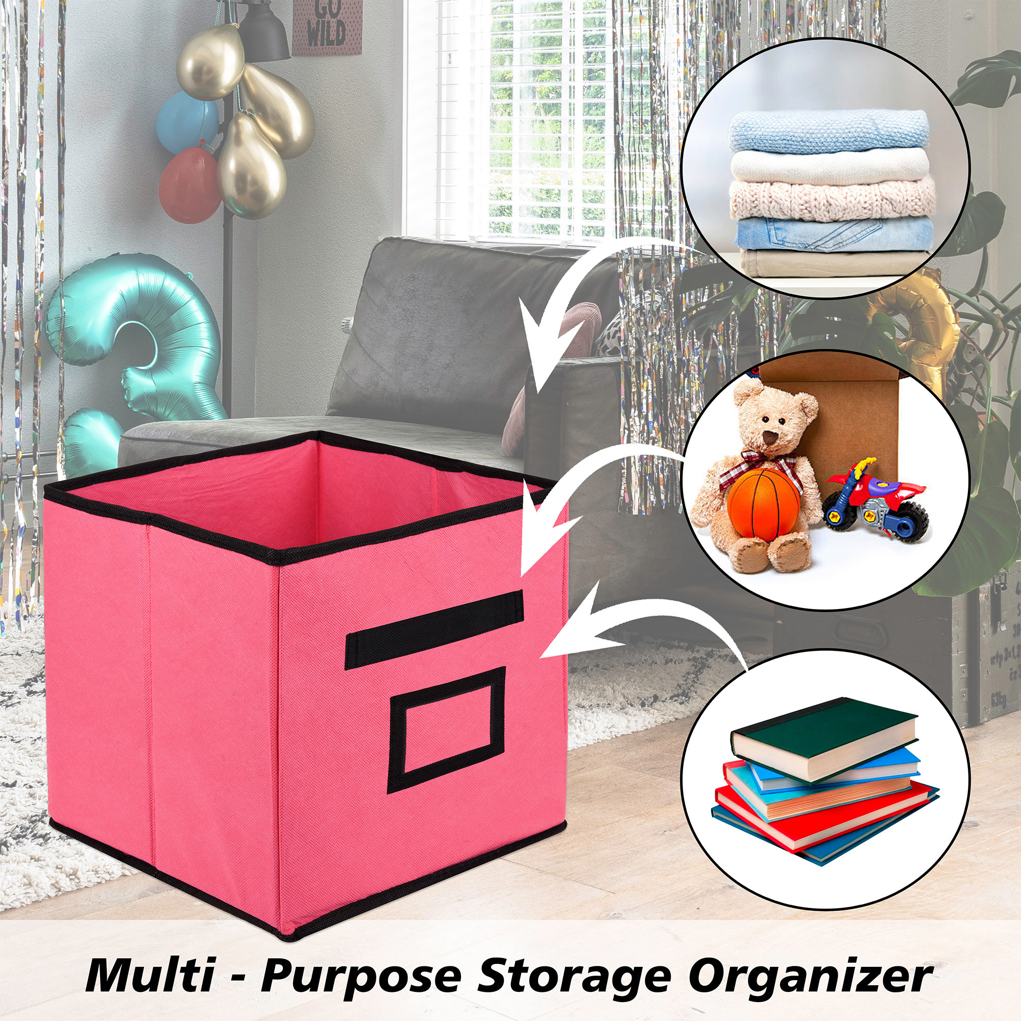 Kuber Industries Storage Box | Square Toy Storage Box | Wardrobe Organizer for Clothes-Books-Toys-Stationary | Drawer Organizer Box with Handle & Name Pocket | Pink & Brown