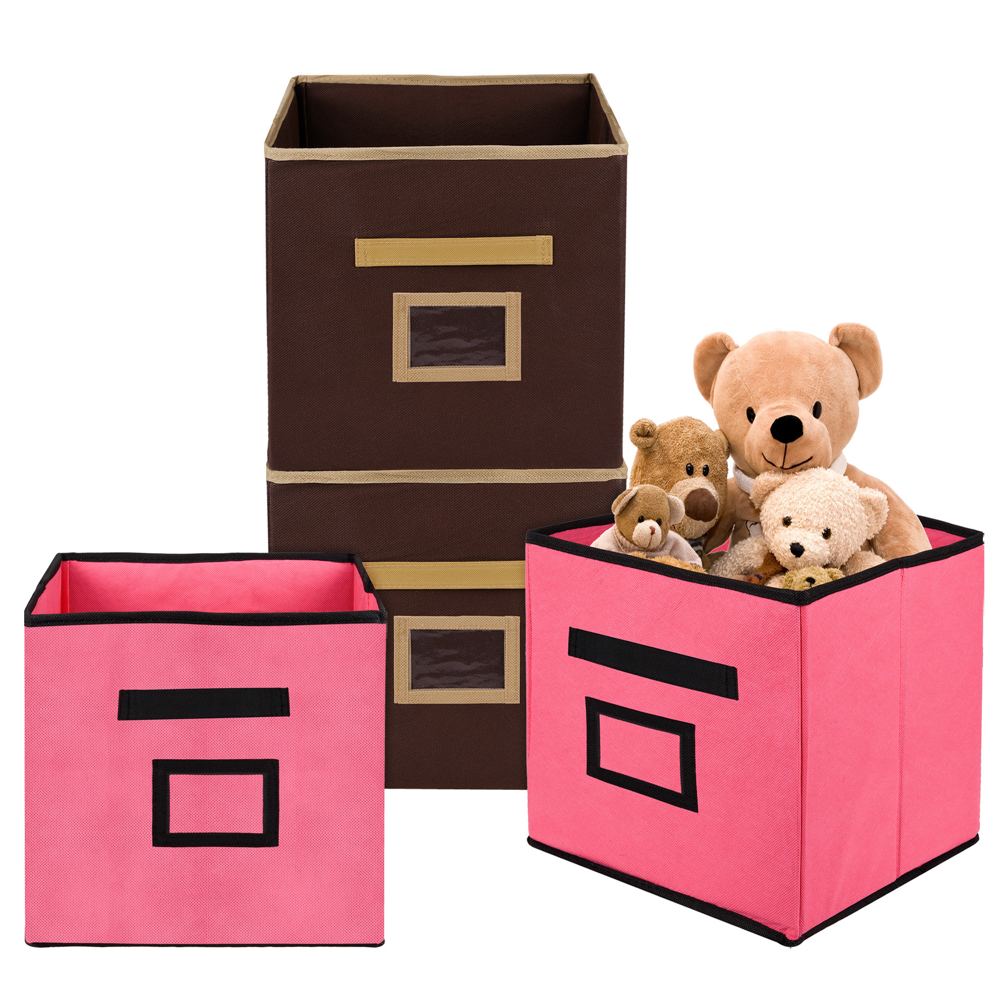 Kuber Industries Storage Box | Square Toy Storage Box | Wardrobe Organizer for Clothes-Books-Toys-Stationary | Drawer Organizer Box with Handle & Name Pocket | Pink & Brown