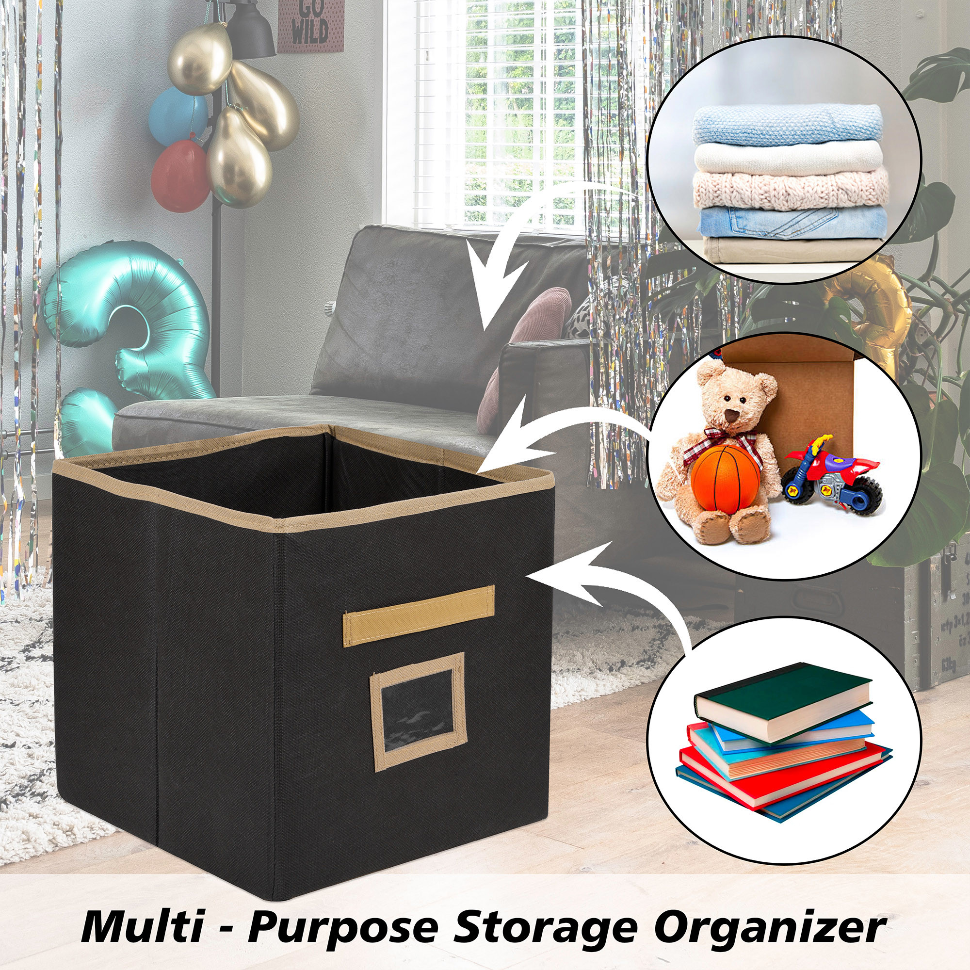 Kuber Industries Storage Box | Square Toy Storage Box | Wardrobe Organizer for Clothes-Books-Toys-Stationary | Drawer Organizer Box with Handle & Name Pocket | Black & Brown
