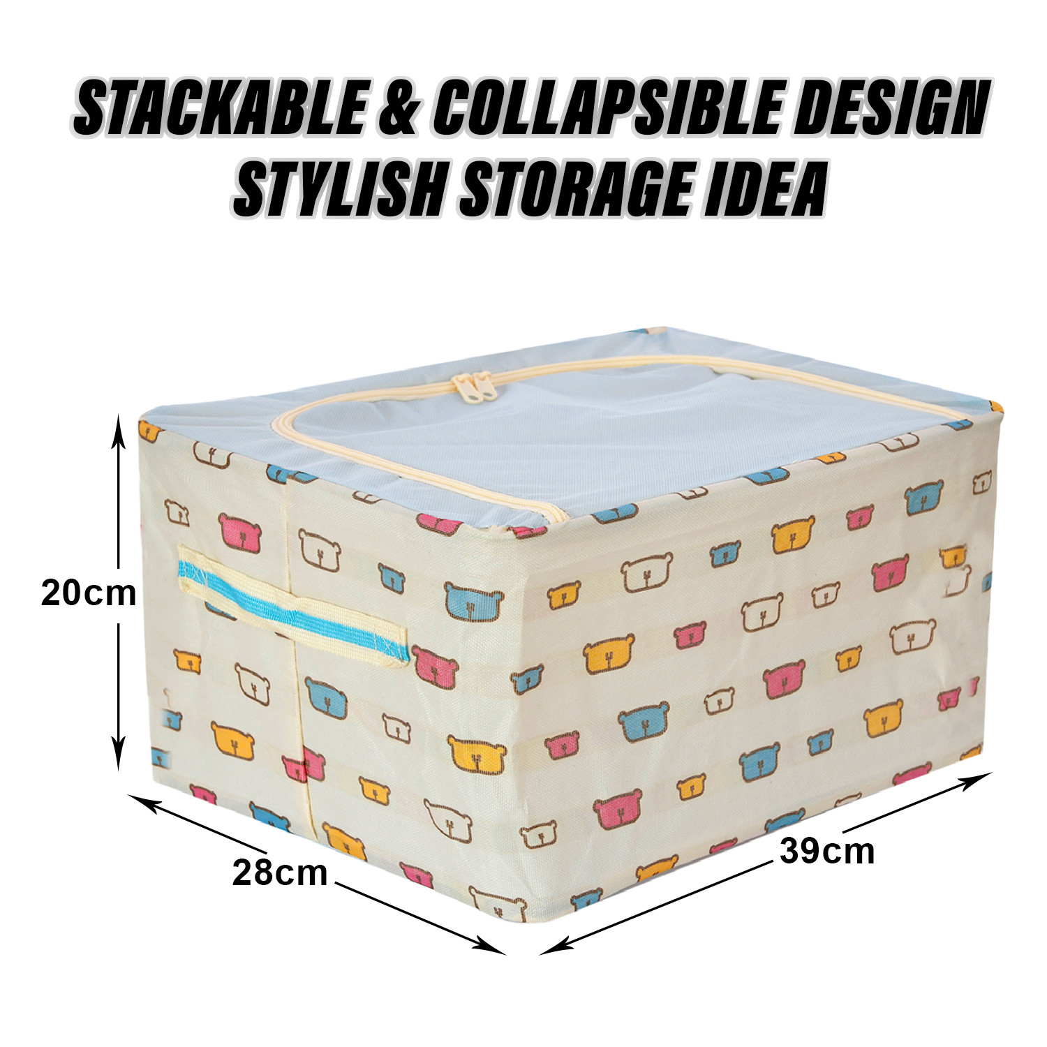Kuber Industries Storage Box | Steel Frame Living Box | Storage Organizer For Clothes | Saree Cover for Woman | Teddy Print Print Cloth Organizer | 22 Liter | Sky Blue