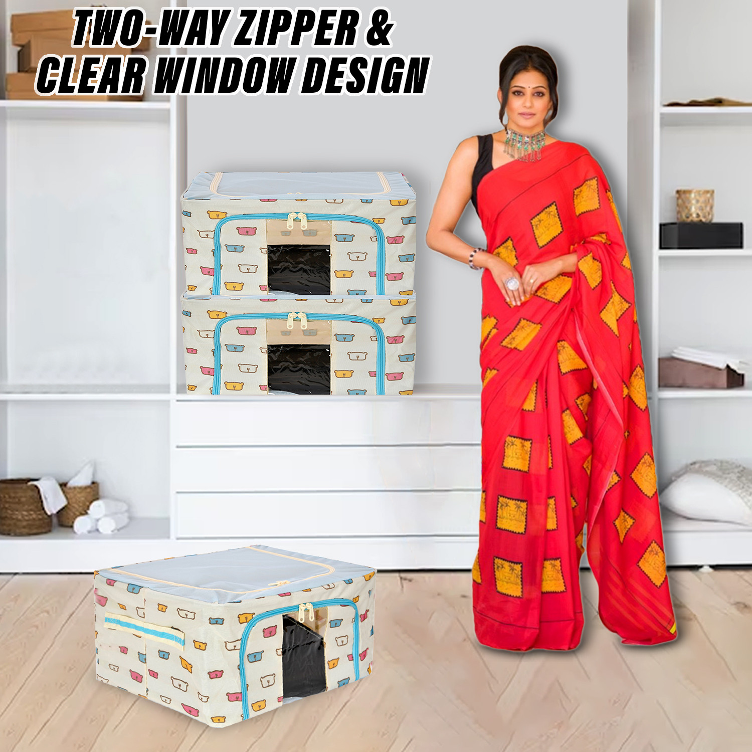 Kuber Industries Storage Box | Steel Frame Living Box | Storage Organizer For Clothes | Saree Cover for Woman | Teddy Print Print Cloth Organizer | 22 Liter | Sky Blue
