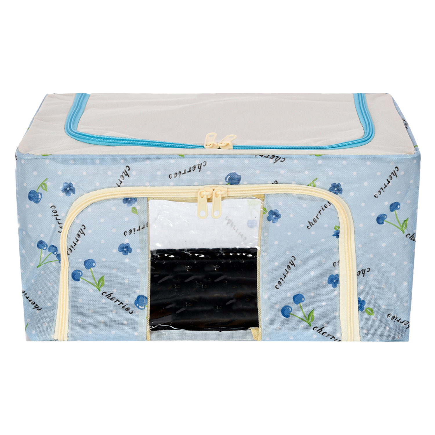Kuber Industries Storage Box | Steel Frame Living Box | Storage Organizer For Clothes | Saree Cover for Woman | Good Luck Print Cloth Organizer | 22 Liter | Sky Blue