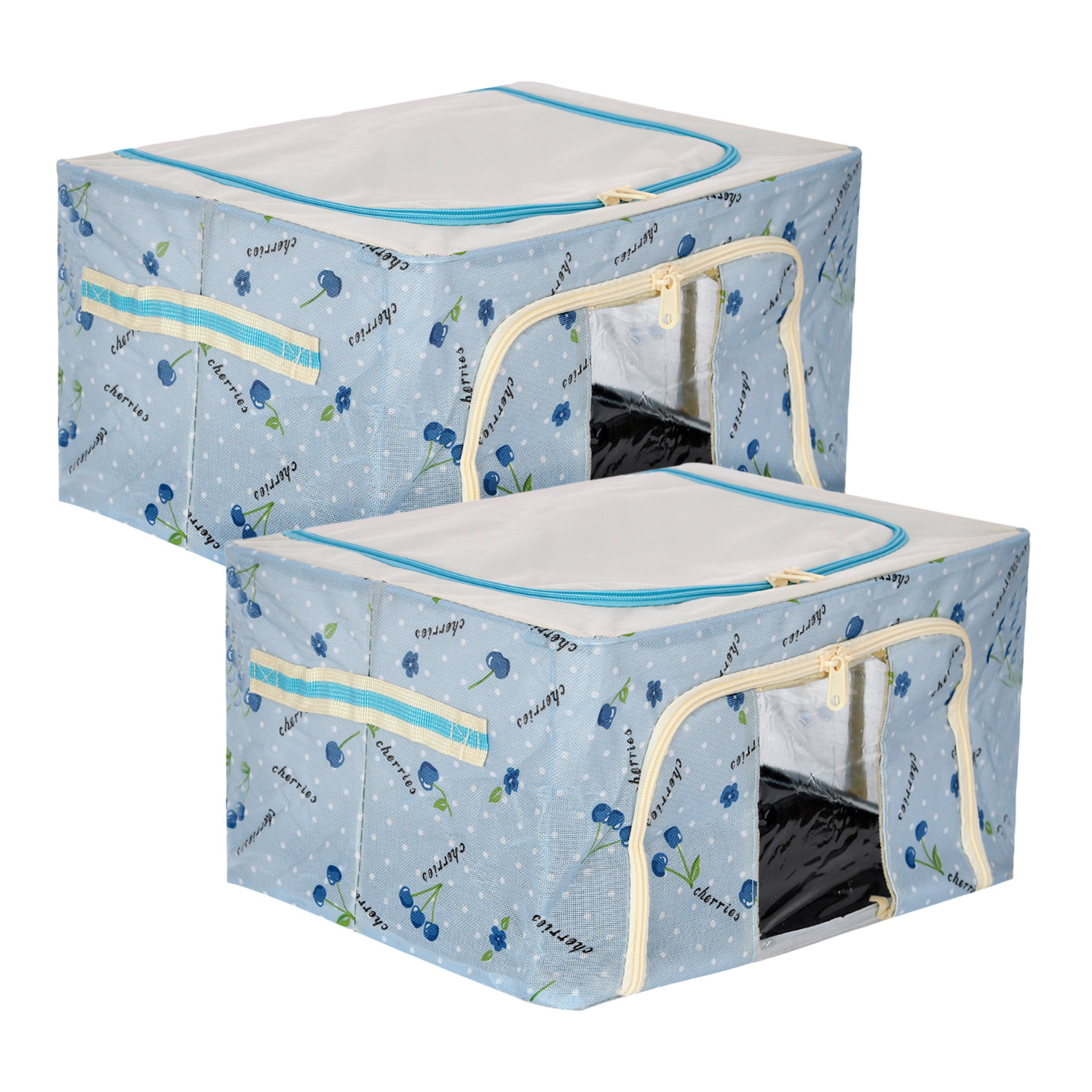 Kuber Industries Storage Box | Steel Frame Living Box | Storage Organizer For Clothes | Saree Cover for Woman | Good Luck Print Cloth Organizer | 22 Liter | Sky Blue