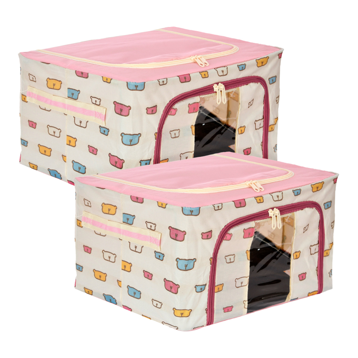 Kuber Industries Storage Box | Steel Frame Living Box | Storage Organizer For Clothes | Saree Cover for Woman | Teddy Print Cloth Organizer | 22 Liter | Pink