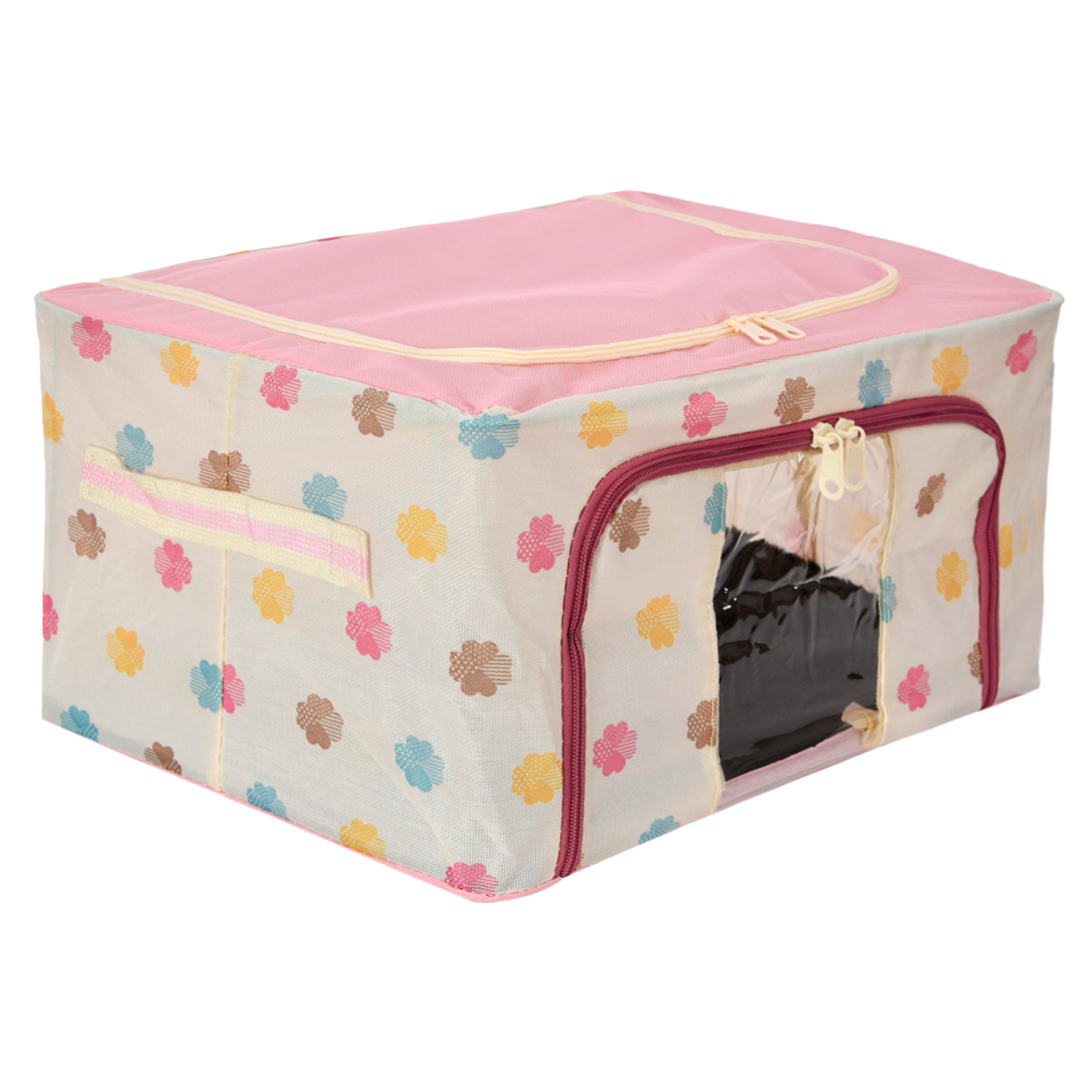 Kuber Industries Storage Box  Steel Frame Living Box  Storage Organizer For Clothes  Saree Cover for Woman  Multi Flower Print Cloth Organizer  22 Liter  Pink