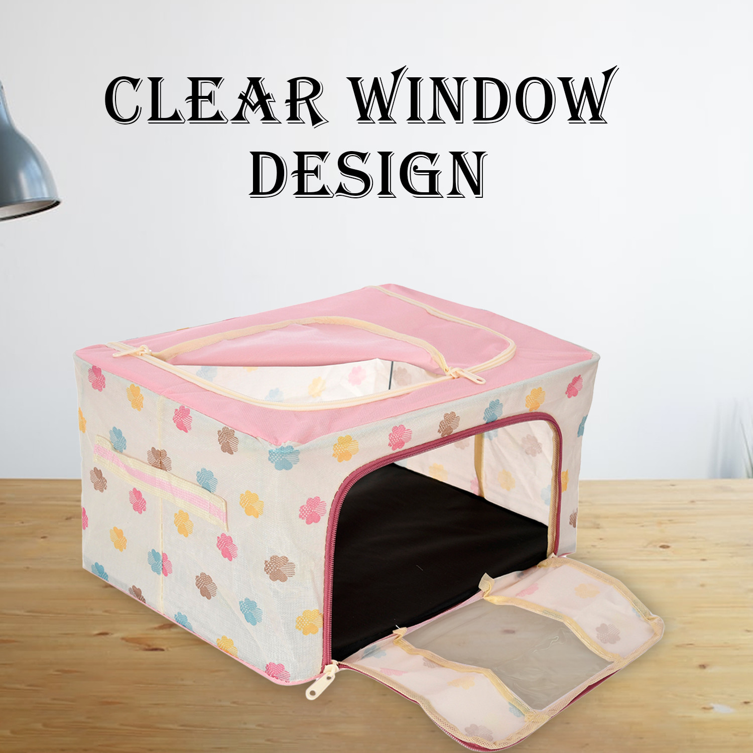 Kuber Industries Storage Box  Steel Frame Living Box  Storage Organizer For Clothes  Saree Cover for Woman  Multi Flower Print Cloth Organizer  22 Liter  Pink