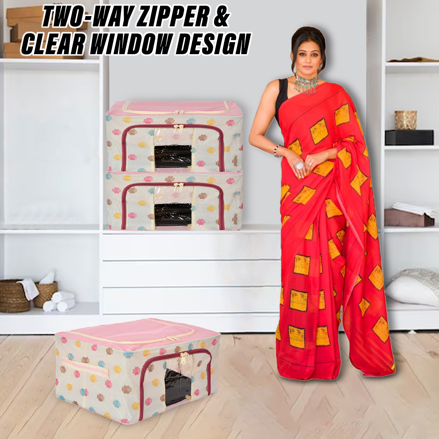 Kuber Industries Storage Box  Steel Frame Living Box  Storage Organizer For Clothes  Saree Cover for Woman  Multi Flower Print Cloth Organizer  22 Liter  Pink