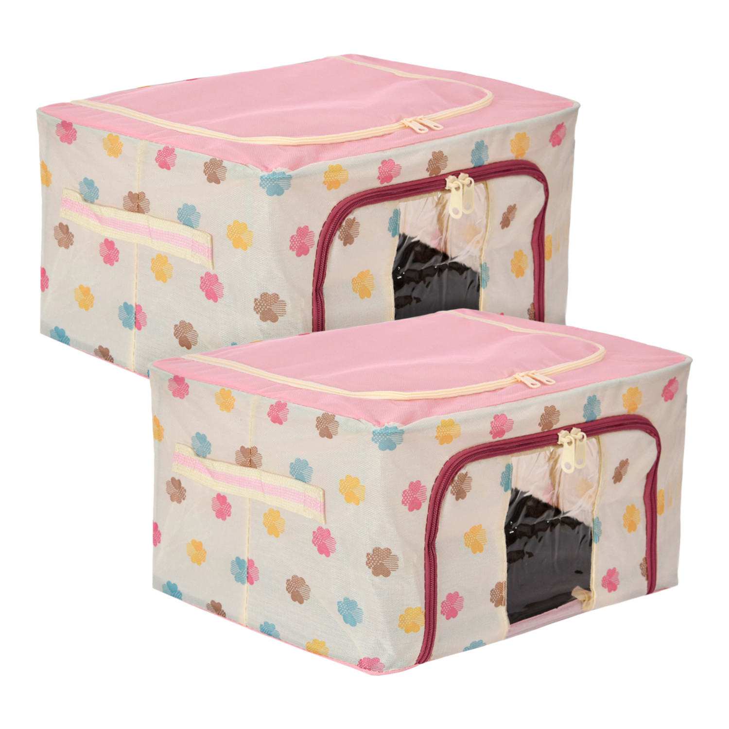 Kuber Industries Storage Box  Steel Frame Living Box  Storage Organizer For Clothes  Saree Cover for Woman  Multi Flower Print Cloth Organizer  22 Liter  Pink