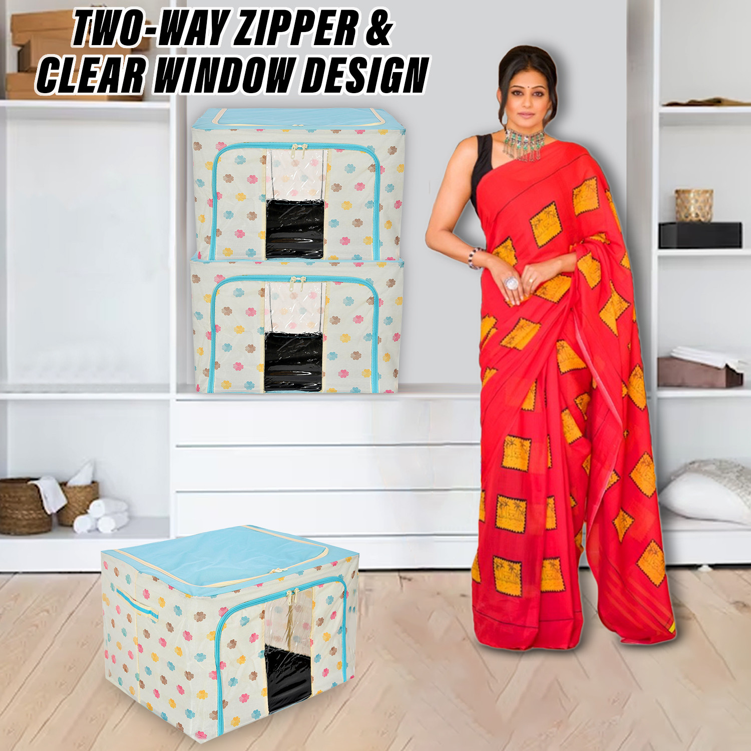 Kuber Industries Storage Box | Steel Frame Living Box | Storage Organizer For Clothes | Saree Cover for Woman | Multi Flower Print Cloth Organizer | 66 Liter | Sky Blue