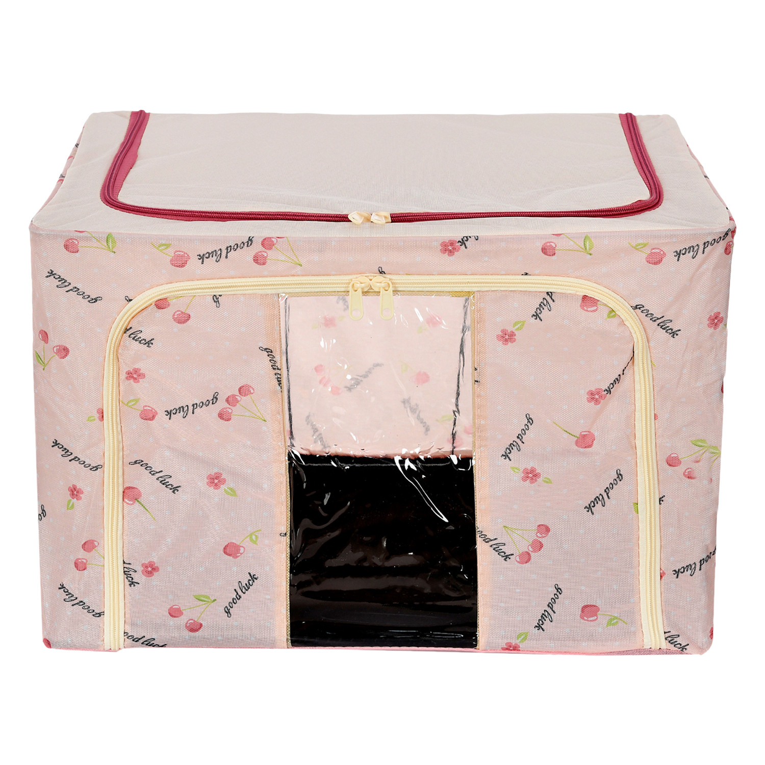 Kuber Industries Storage Box | Steel Frame Living Box | Storage Organizer For Clothes | Saree Cover for Woman | Good Luck Print Cloth Organizer | 66 Liter | Pink