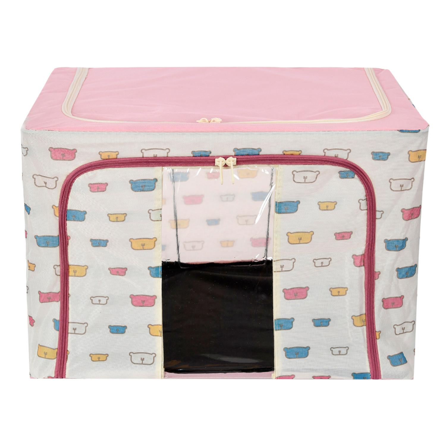 Kuber Industries Storage Box | Steel Frame Living Box | Storage Organizer For Clothes | Saree Cover for Woman | Teddy Print Cloth Organizer | 66 Liter | Pink