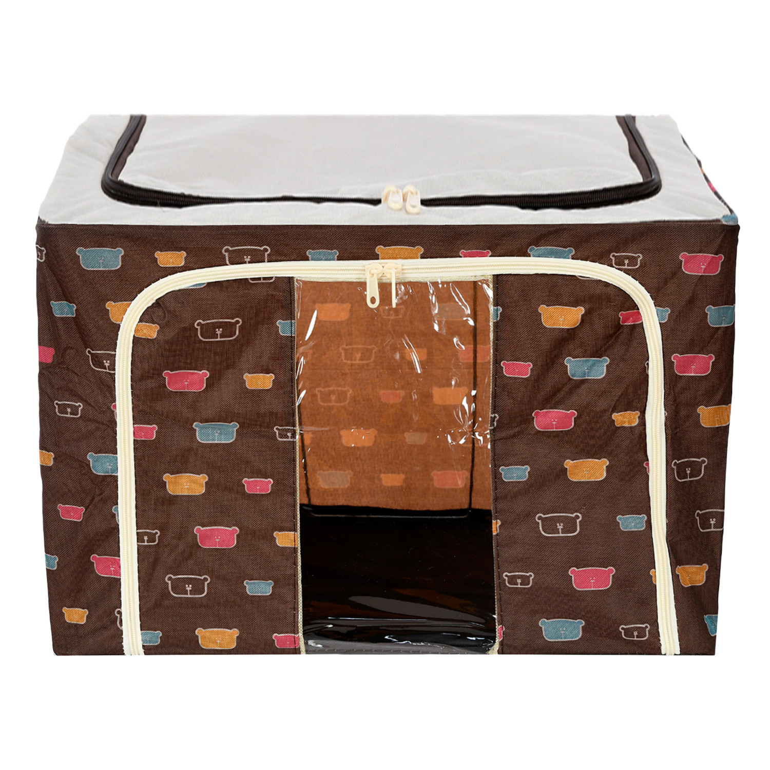 Kuber Industries Storage Box | Steel Frame Living Box | Storage Organizer For Clothes | Saree Cover for Woman | Teddy Print Cloth Organizer | 66 Liter | Brown