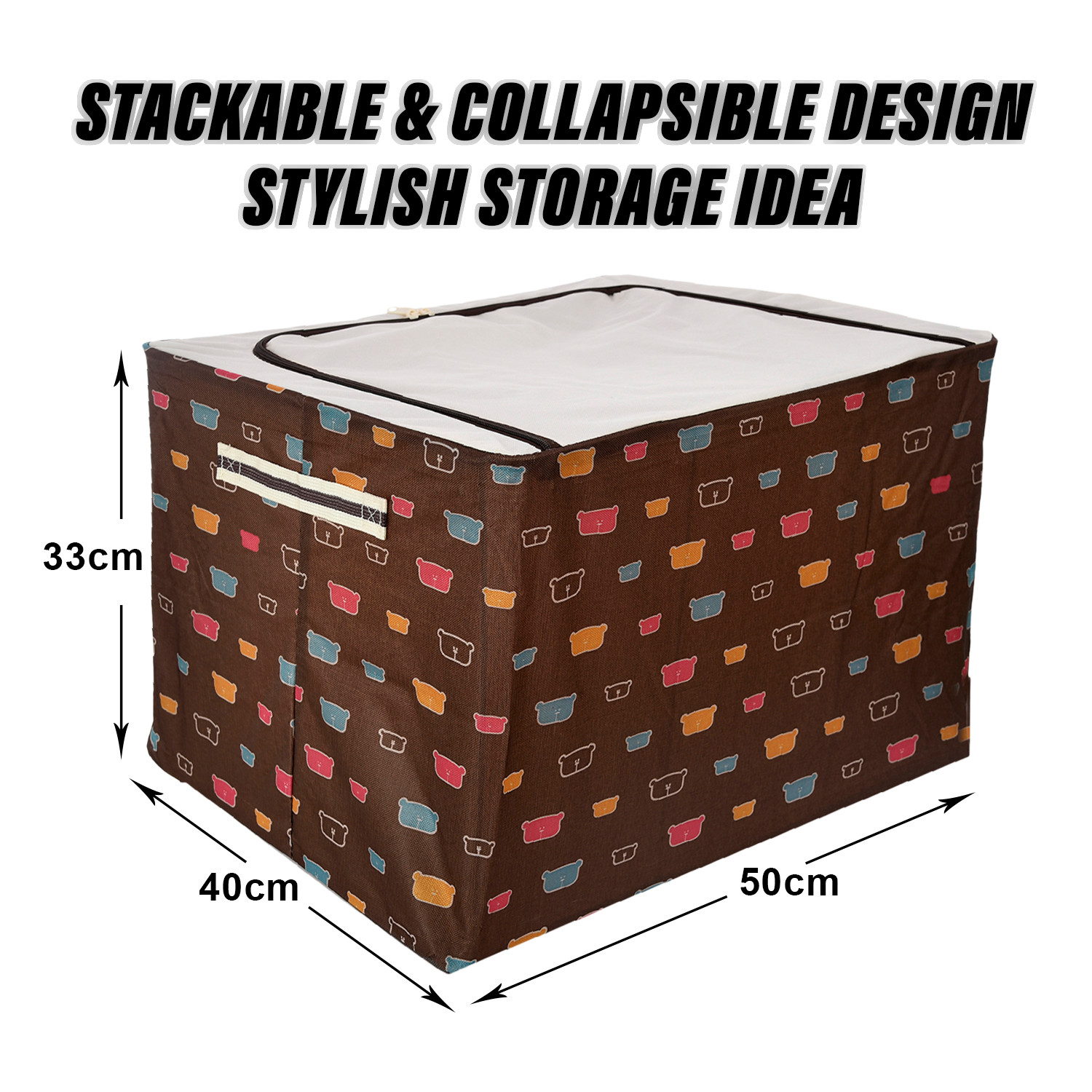 Kuber Industries Storage Box | Steel Frame Living Box | Storage Organizer For Clothes | Saree Cover for Woman | Teddy Print Cloth Organizer | 66 Liter | Brown