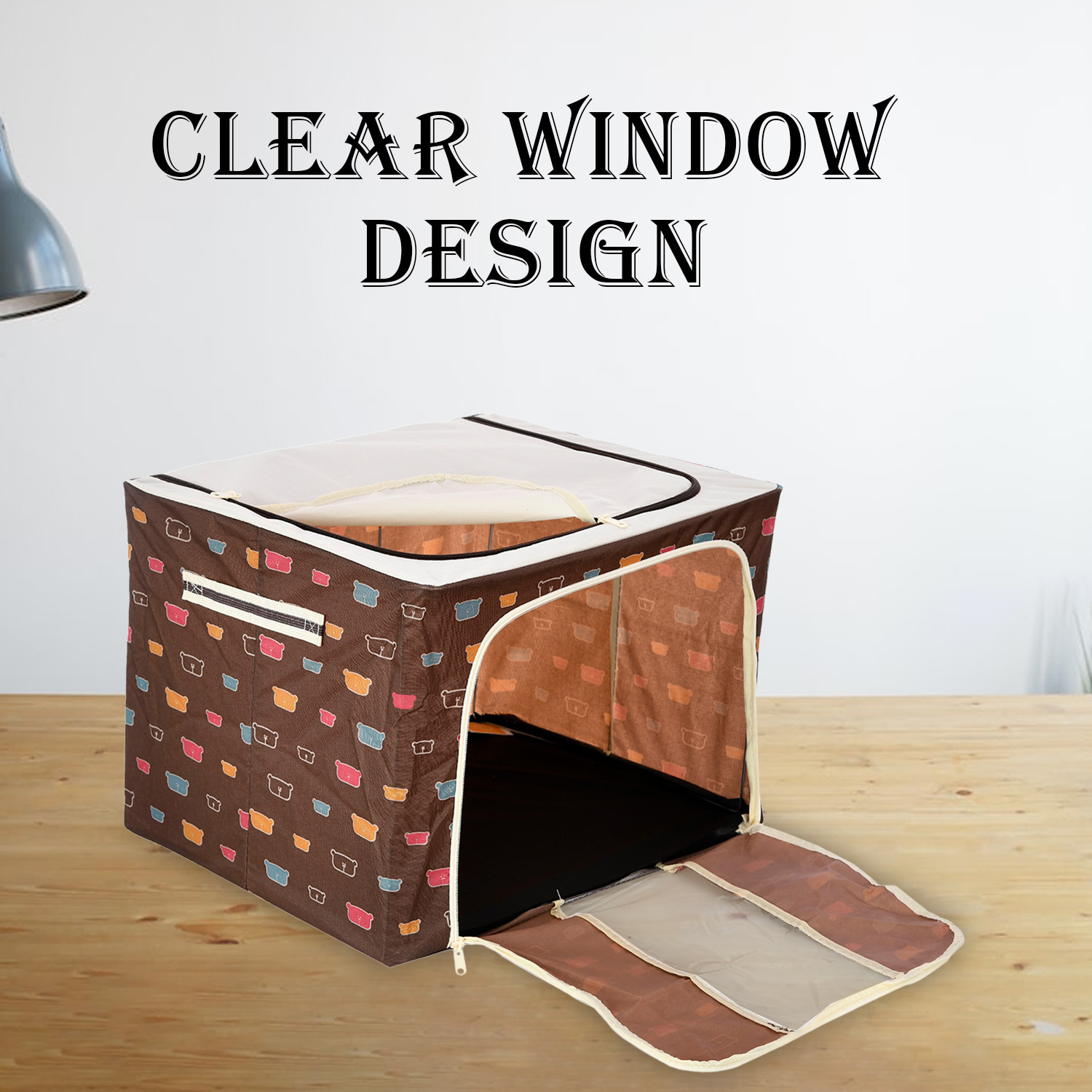 Kuber Industries Storage Box | Steel Frame Living Box | Storage Organizer For Clothes | Saree Cover for Woman | Teddy Print Cloth Organizer | 66 Liter | Brown
