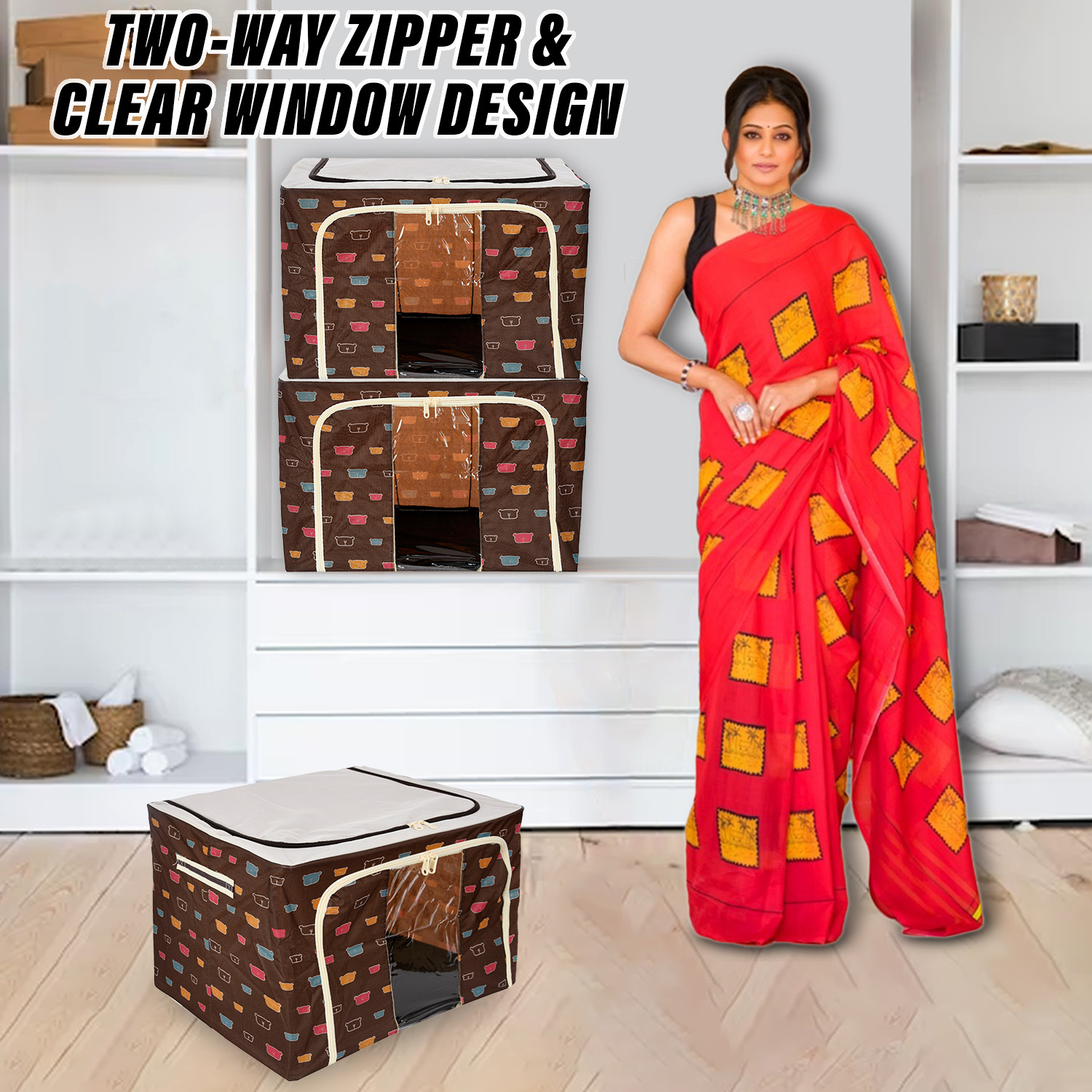 Kuber Industries Storage Box | Steel Frame Living Box | Storage Organizer For Clothes | Saree Cover for Woman | Teddy Print Cloth Organizer | 66 Liter | Brown