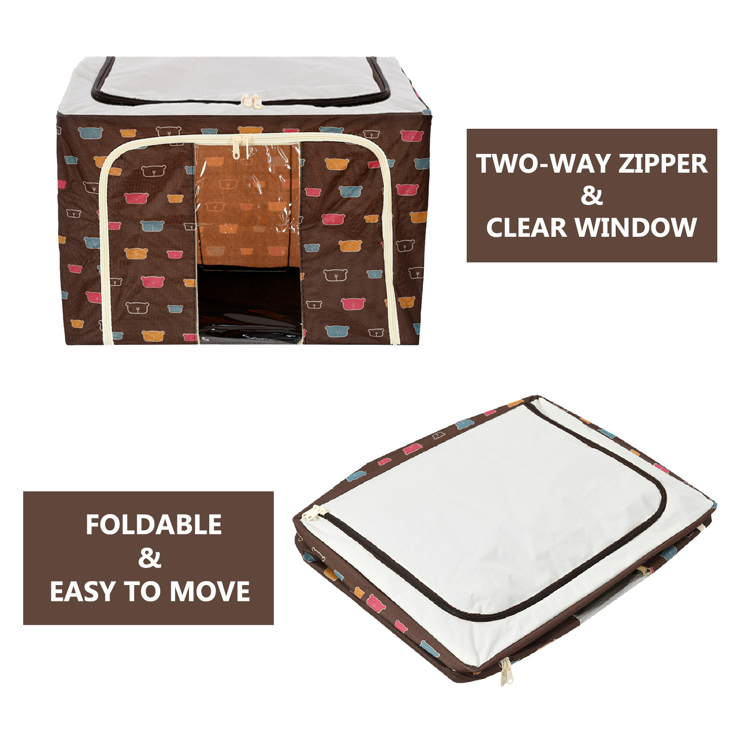 Kuber Industries Storage Box  Steel Frame Living Storage Box  Storage Organizer For Clothes  Saree Cover for Woman  Teddy Print Cloth Storage Organizer  66 Liter  Brown