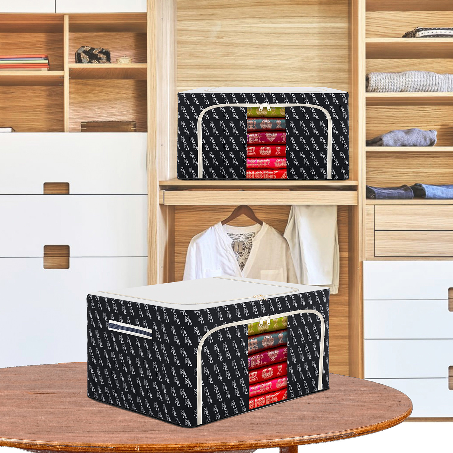 Kuber Industries Storage Box | Steel Frame Storage Box | Clothes Storage Box | Storage Box for Clothes | Blankets | VN Print Living Box | Wardrobe Organizer | 66 Liter | Black